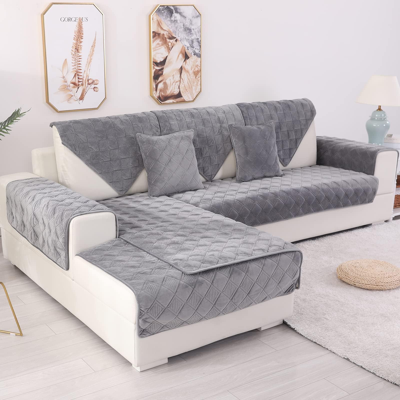 TEWENE Sofa Cover, Velvet Couch Cover Anti-Slip Sectional Couch Covers Sofa Slipcover for Dogs Cats Pet Love Seat Recliner Armrest Backrest Cover Dark Grey 36''x47''(Only 1 Piece/Not All Set)
