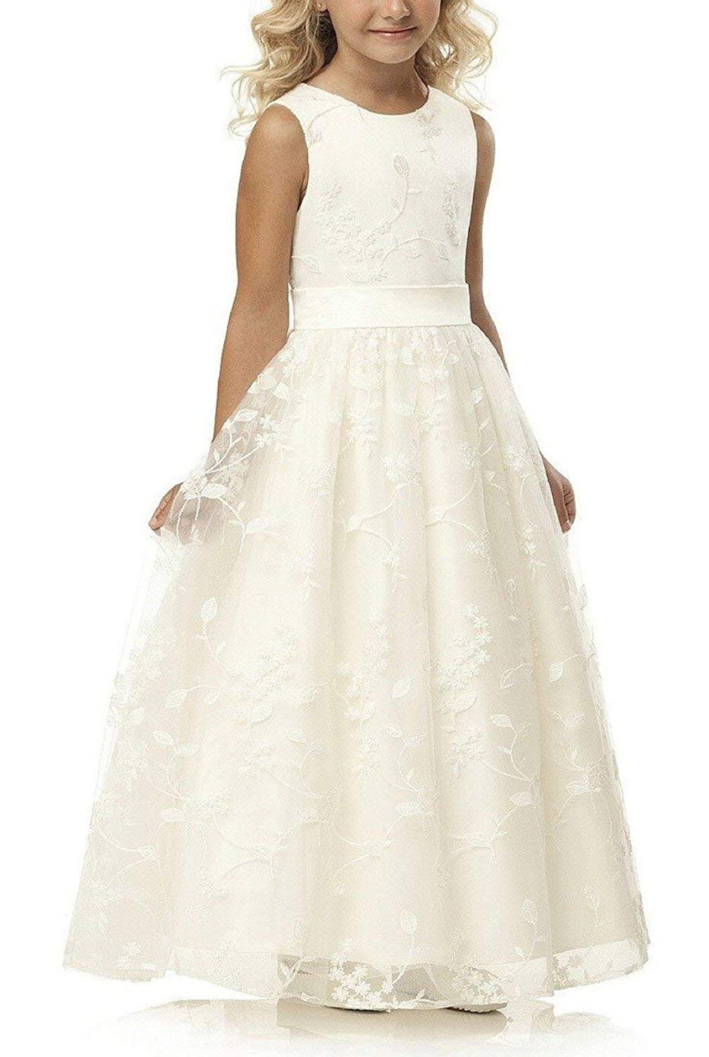 Aibaowedding Chic Lange Kinder Kommunionkleid Sommerkleider aus Besticktem Tüll mit Satin Gürtel/Boho A-Linie Brautjungfern Kleider Blumenmädchenkleider für Mädchen 2-12 Jahr