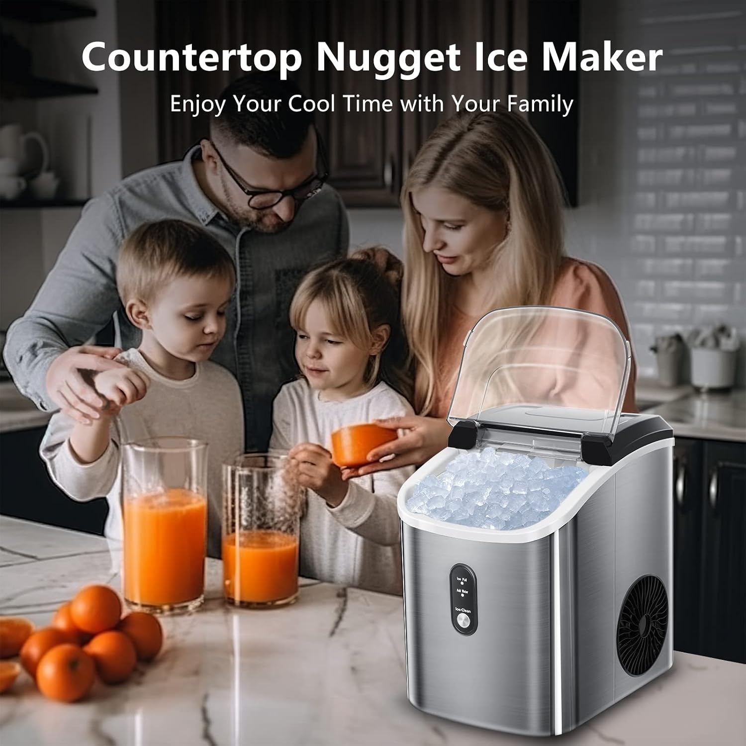 AGLUCKY Nugget Ice Maker Countertop, Portable Ice Maker Machine with Self-Cleaning Function,33lbs/24H,Stainless Steel,Pellet Ice Maker for Home/Kitchen/Office(Silver)