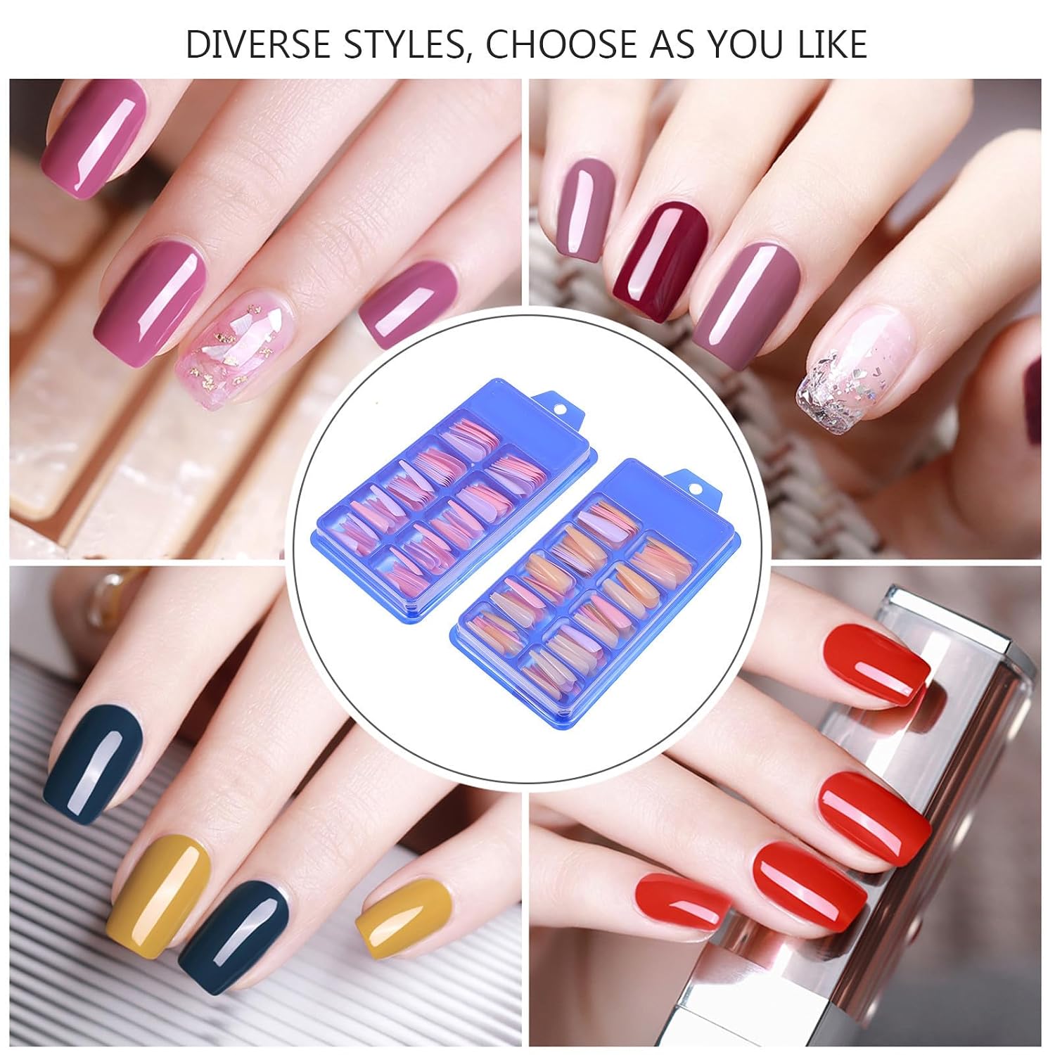 Blue Solid Color False Nails 2 Boxes Press on Nails Full Cover Abs Material Easy to Apply Fits Most Fingers for Daily Life and Nightclub Random Color