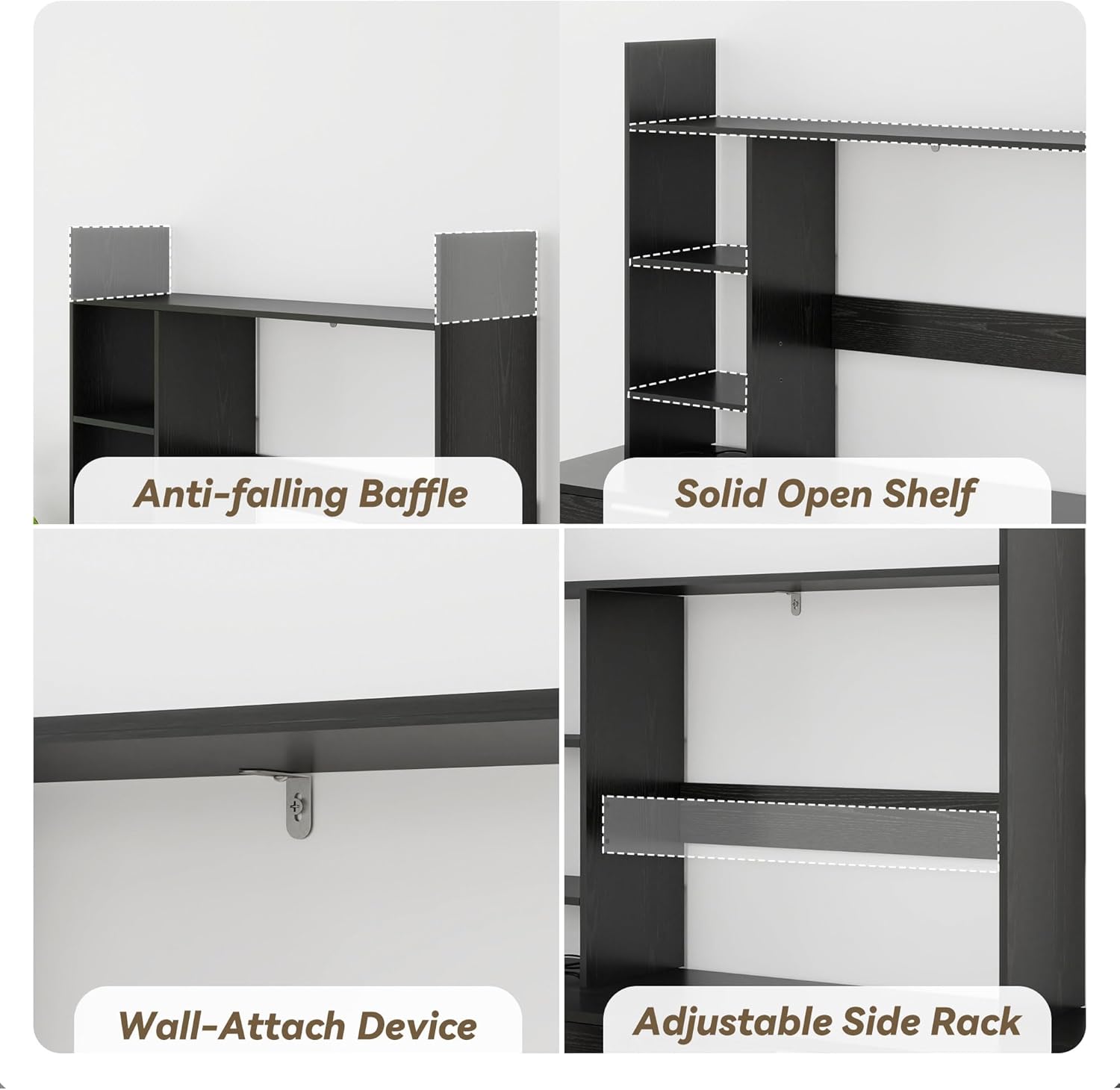 Desktop Bookshelf, Wood Desk Organizer Hutch with 3 Shelves for Computer Desk, 37.4'' Multipurpose Display Rack with Storage for College Dorm Office Home, Black