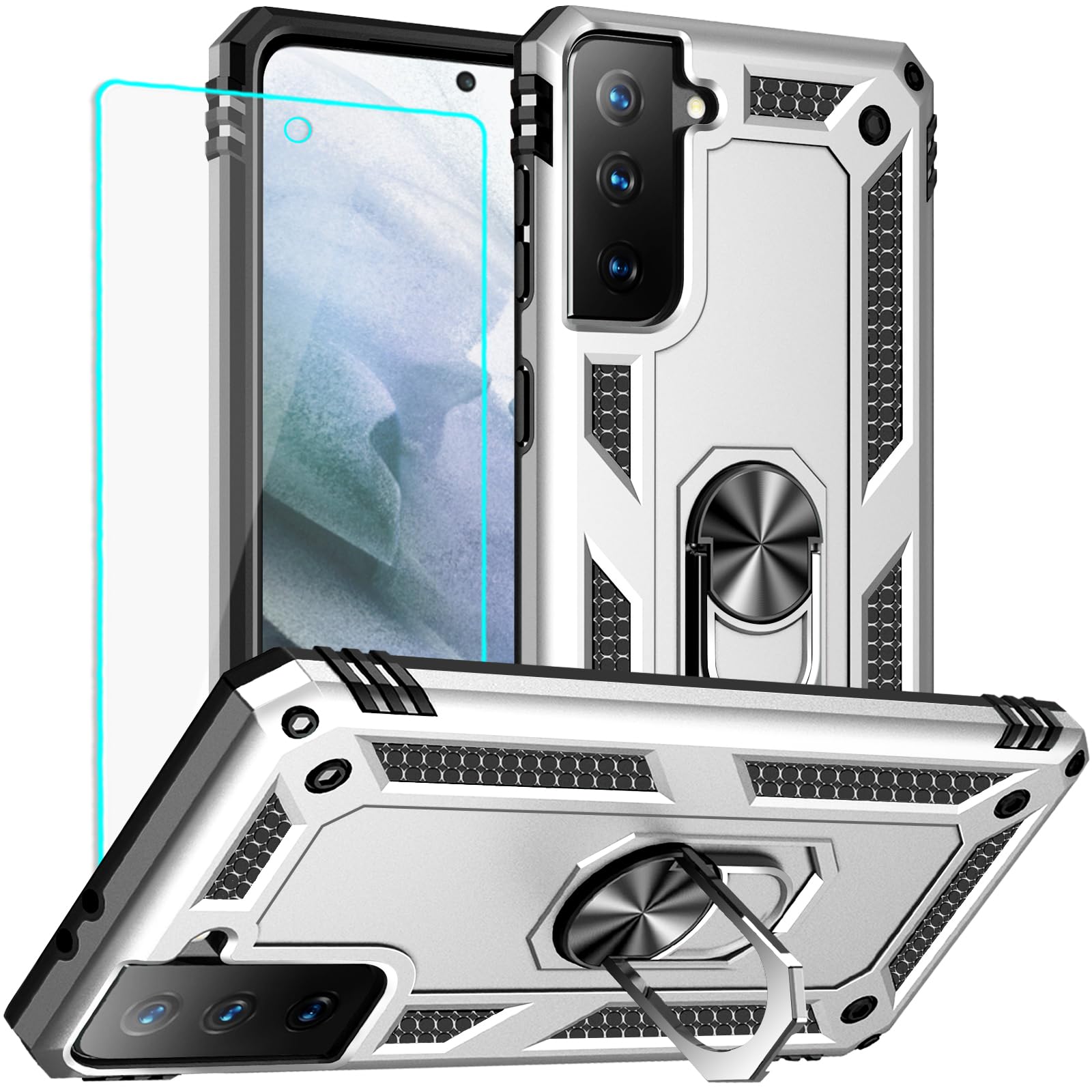 for S21 Plus Case: Samsung Galaxy S21 Plus Case with HD Screen Protector - Military Grade Protective Cases with Ring for Samsung S21 Plus(Silvery)