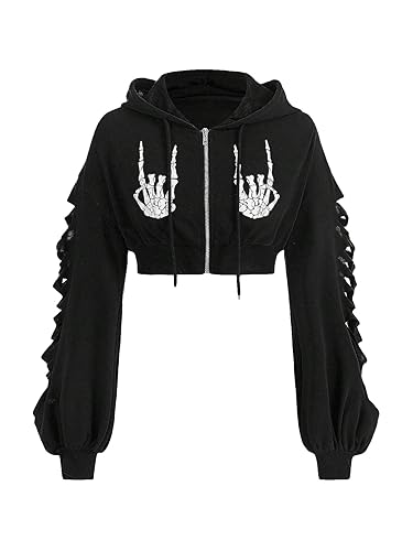 WDIRARA Women's Skeleton Skull Graphic Print Hoodie Drop Shoulder Drawstring