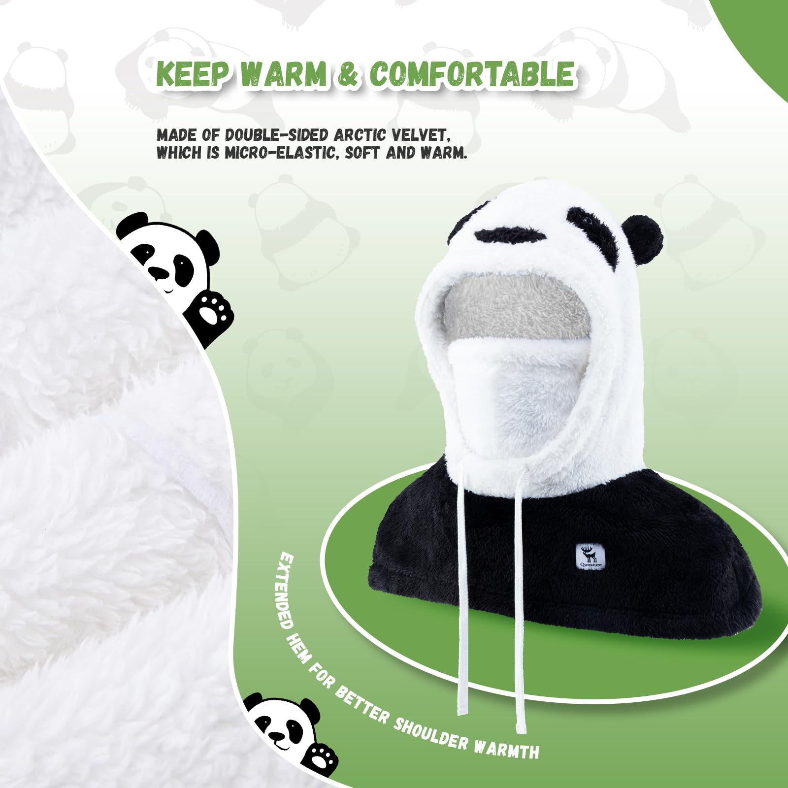 Cagoule Panda Parent-Enfant Hiver Masque Intégral Écharpe 2 en 1 Balaclava Épais Coupe-Vent Charmant Polaire Réversible Moto Vélo Ski avec Casque Casquette Cordon Serrage Noir Blanc S/M/L