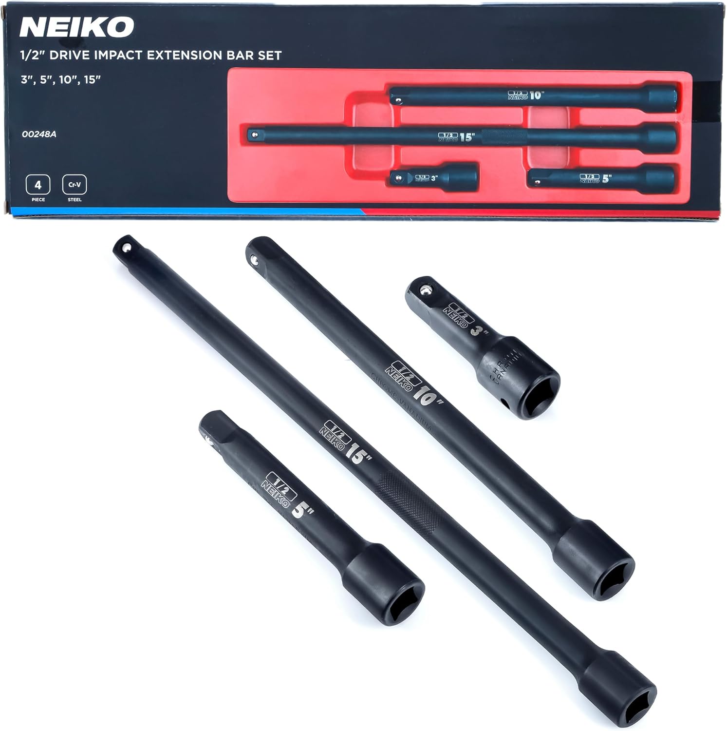 NEIKO 00248A 1/2-Inch-Drive Impact Extension-Bar Set, Impact Socket Extension Made with CrV Steel, 1/2 Impact Extension Set Includes 3-Inch, 5-Inch, 10-inch, 15-inch