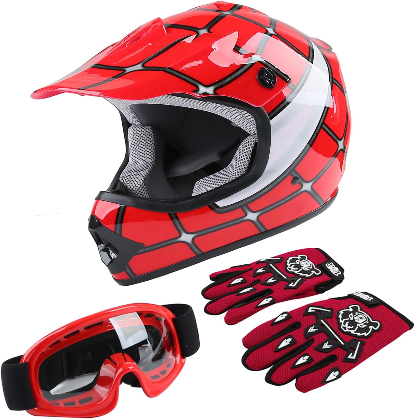 TCT-MOTORPARTS DOT Youth Kids Dirt Bike Full Face Helmets Motocross ATV Offroad Four Wheeler Helmet Red Spider Large Size