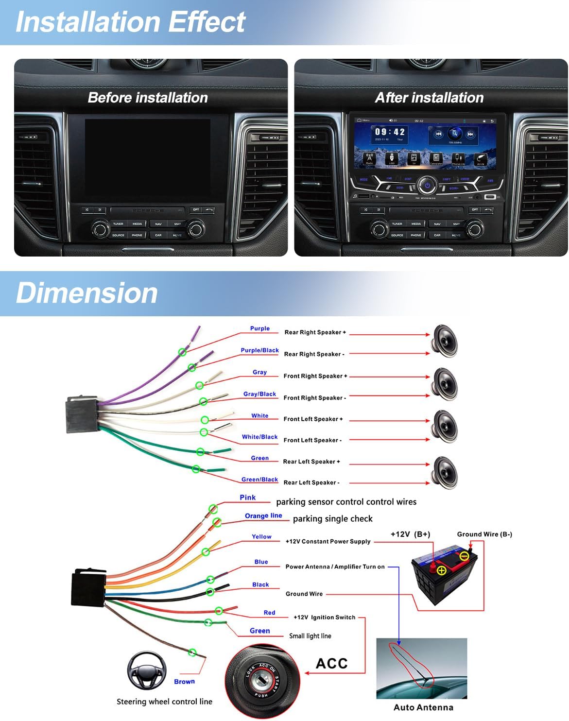 Diagram showing the front panel layout of the car stereo with port labels and overall dimensions (180mm width, 104mm height).
