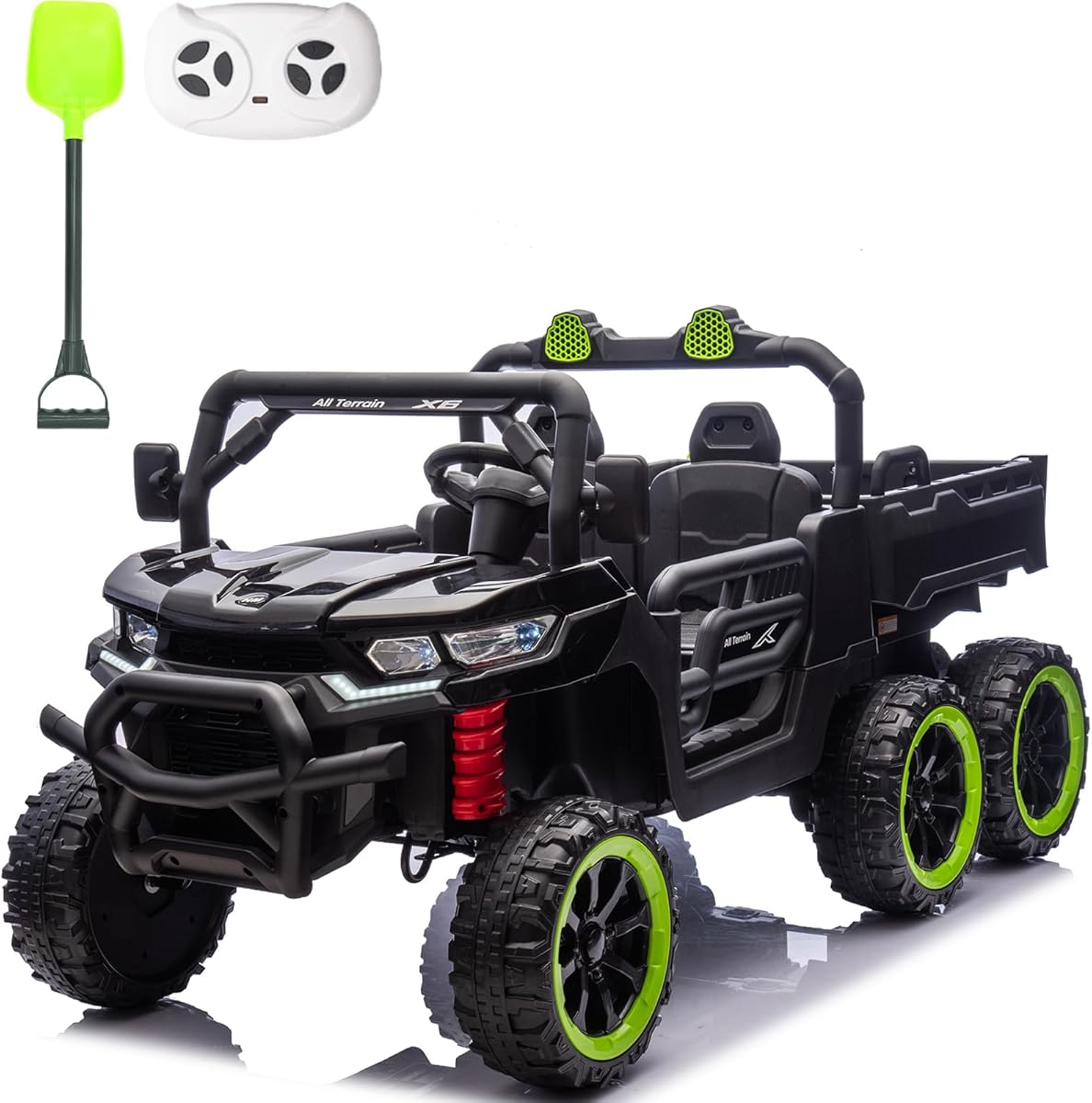 24V 2 Seater Ride On Dump Truck, 4WD Battery Powered Kids Electric Vehicle for Outdoor w/ 2.4G Remote Control, 6 Wheel Constuction Truck with Music, Black