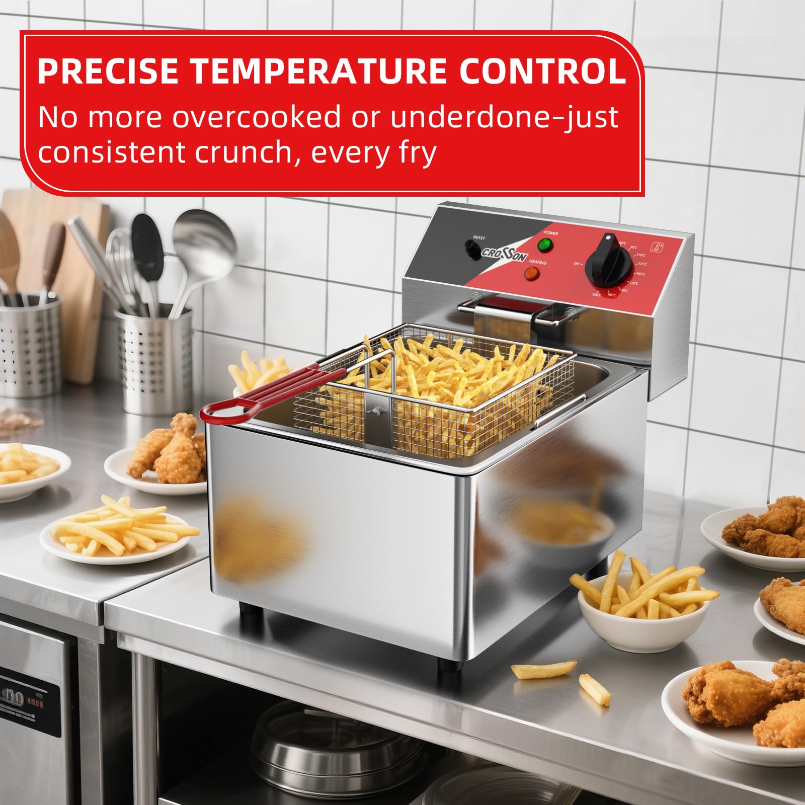 Friteuse électrique CROSSON 6L avec réservoir d’huile et poignée amovibles, panier et couvercle en treillis métallique solide, friteuses de comptoir commerciales légères - 230V, 3000W