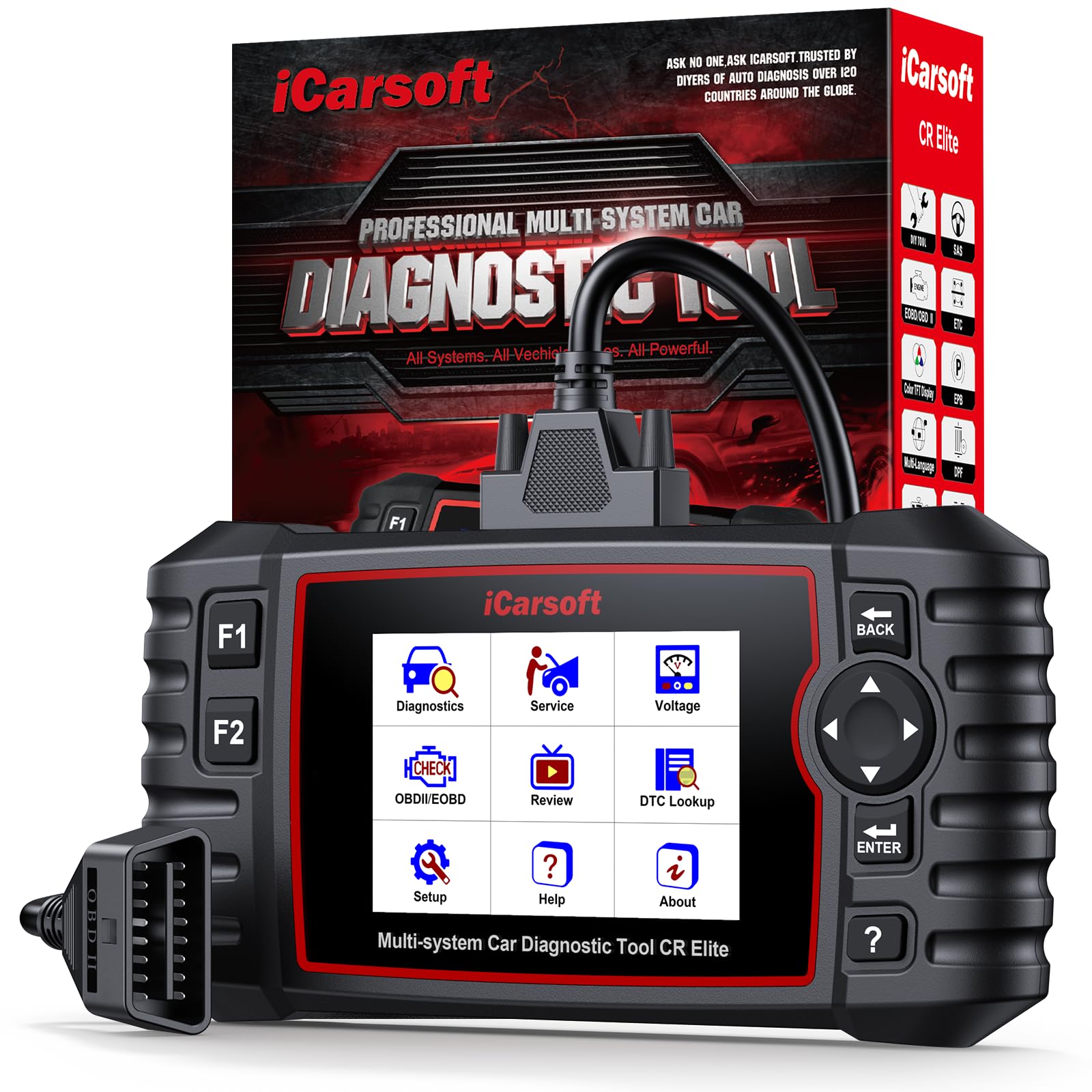 iCarsoft CR Elite OBD2 Máquina Diagnosis Coche Multimarca, Escáner de Coche para Motor, ABS, SRS y Transmisión, Detector Fallos Coche con 9 Funciones Reinicio, Prueba de Batería