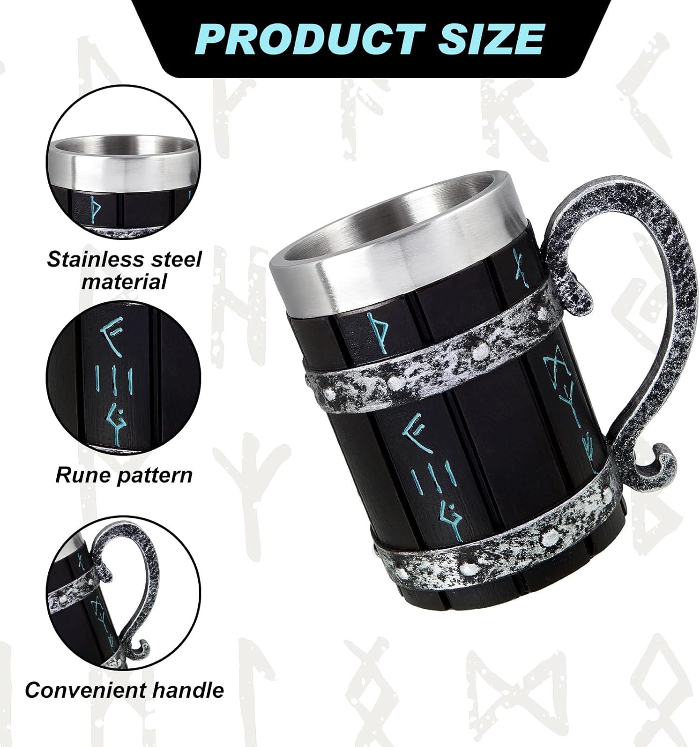 Tioncy 2 Pcs Nordic Rune Mug Tankard Stainless Steel Resin 3D Norse Decoration Gothic Coffee Beer Stein Mug Cool Novelty Cup Poetic Gifts for Men Drinking Party Decorations, 18 oz(Viking Style,Black)