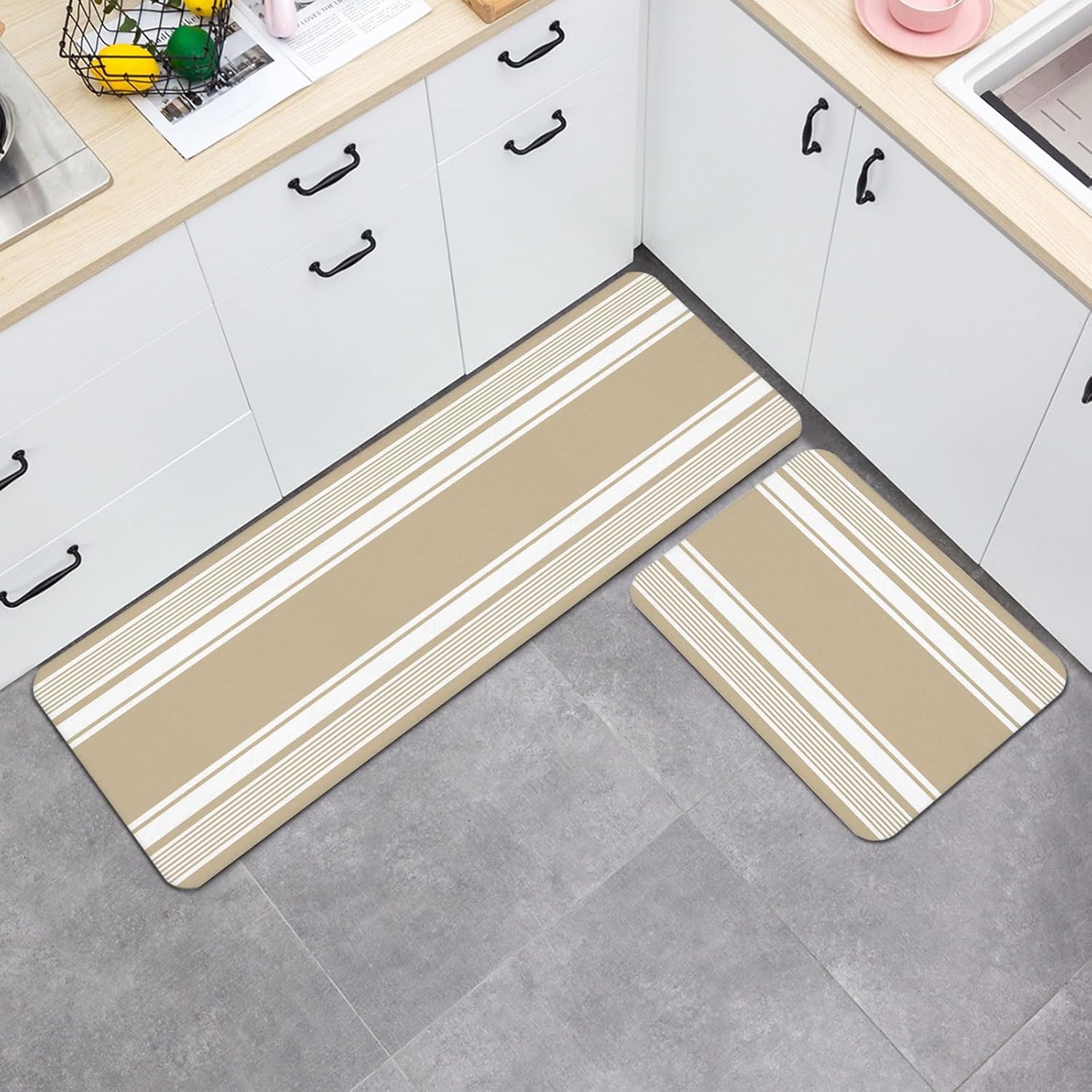 Beige Striped Kitchen Mats Set of 2 Modern Farmhouse Stripe Minimalist Abstract Non Slip Mat Washable Floor Rug for Kitchen Sink Floor Laundry, 15.7"x23.6"+15.7"x47.2"