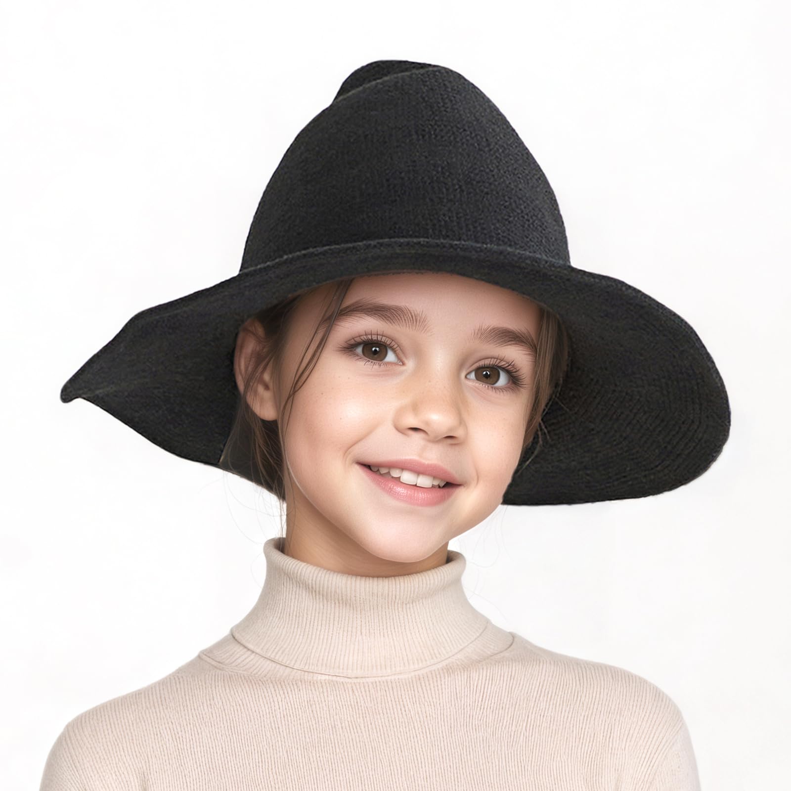 JIAHG Halloween Kids Witch Hat Pointed Top Wide Brim Wool Knit Witch Wizard Hat for Boys Girls Cosplay Costume Accessory (Black) - Image 2
