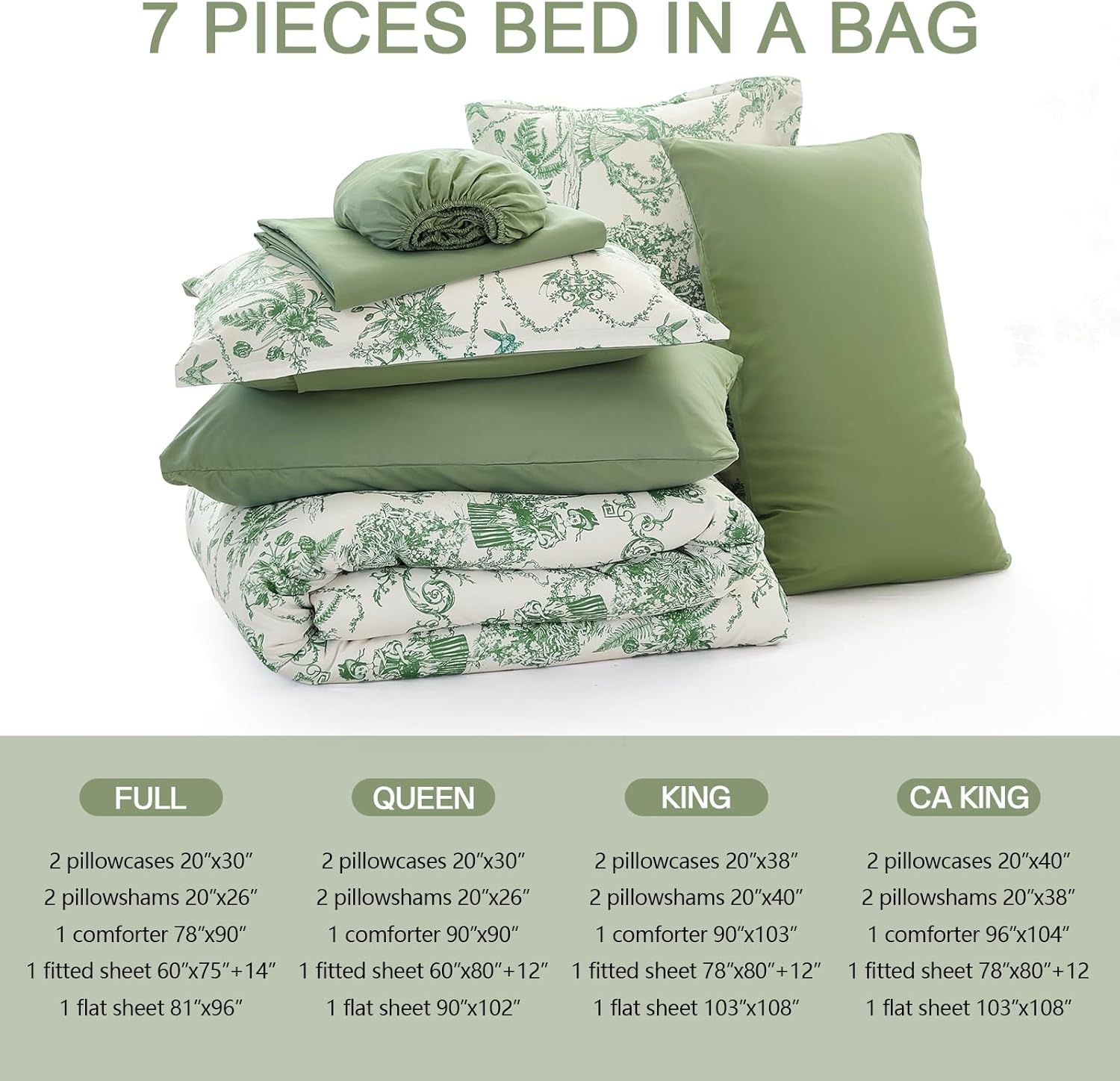 Xruibed Green Queen Comforter Set 7 Piece Bed in a Bag Toile de Jouy Botanical Comforter Soft Micorfiber Floral Bedding Set (1 Comforter,2 Pillow Shams,1 Flat Sheet,1 Fitted Sheet,2 Pillowcases)