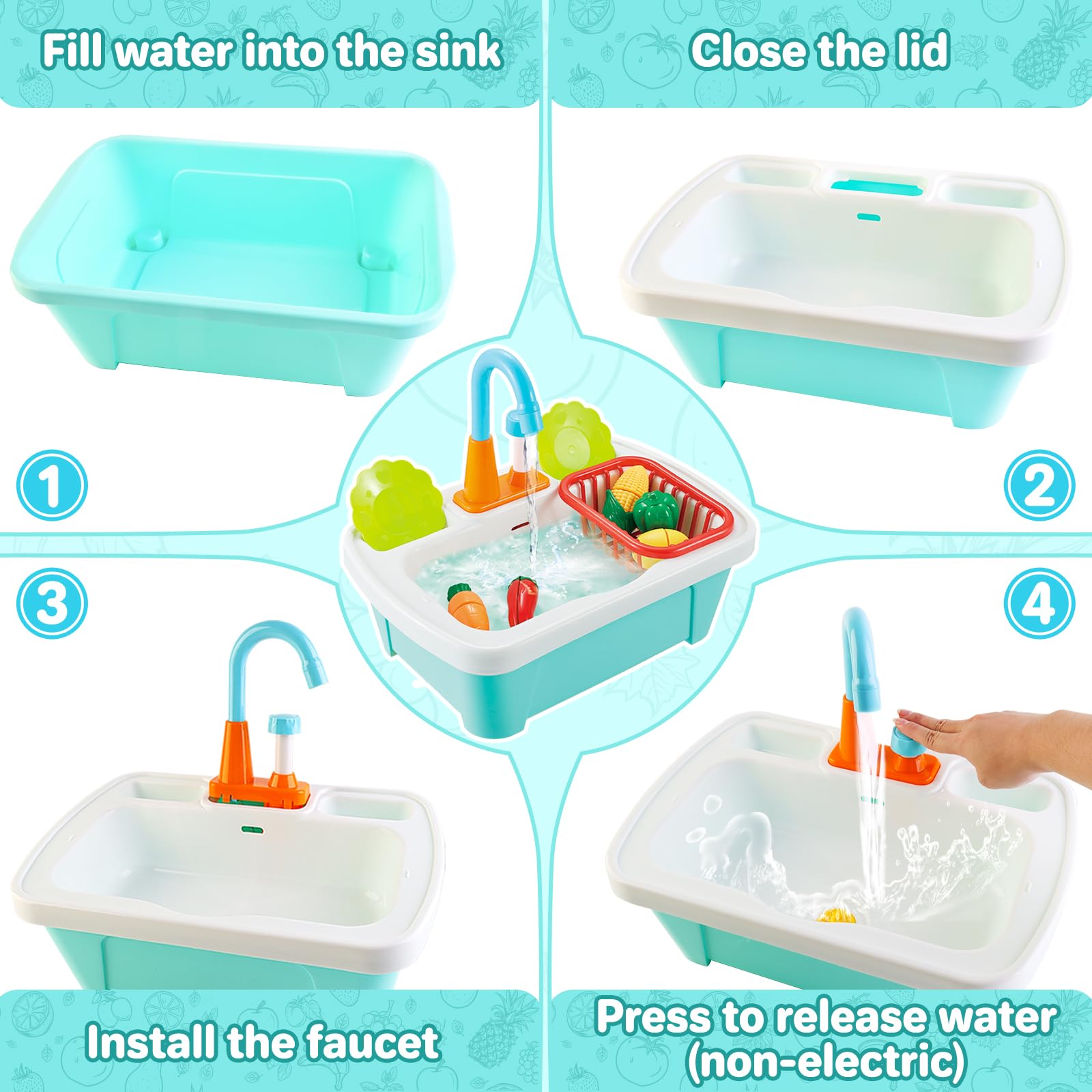 deAO Lavandino Giocattolo con Acqua Reale, Set Cucina Pentoline Giocattolo con Funzione Rubinetto Accessori Completati Per Bambini dai 3 Anni | 28 Pezzi