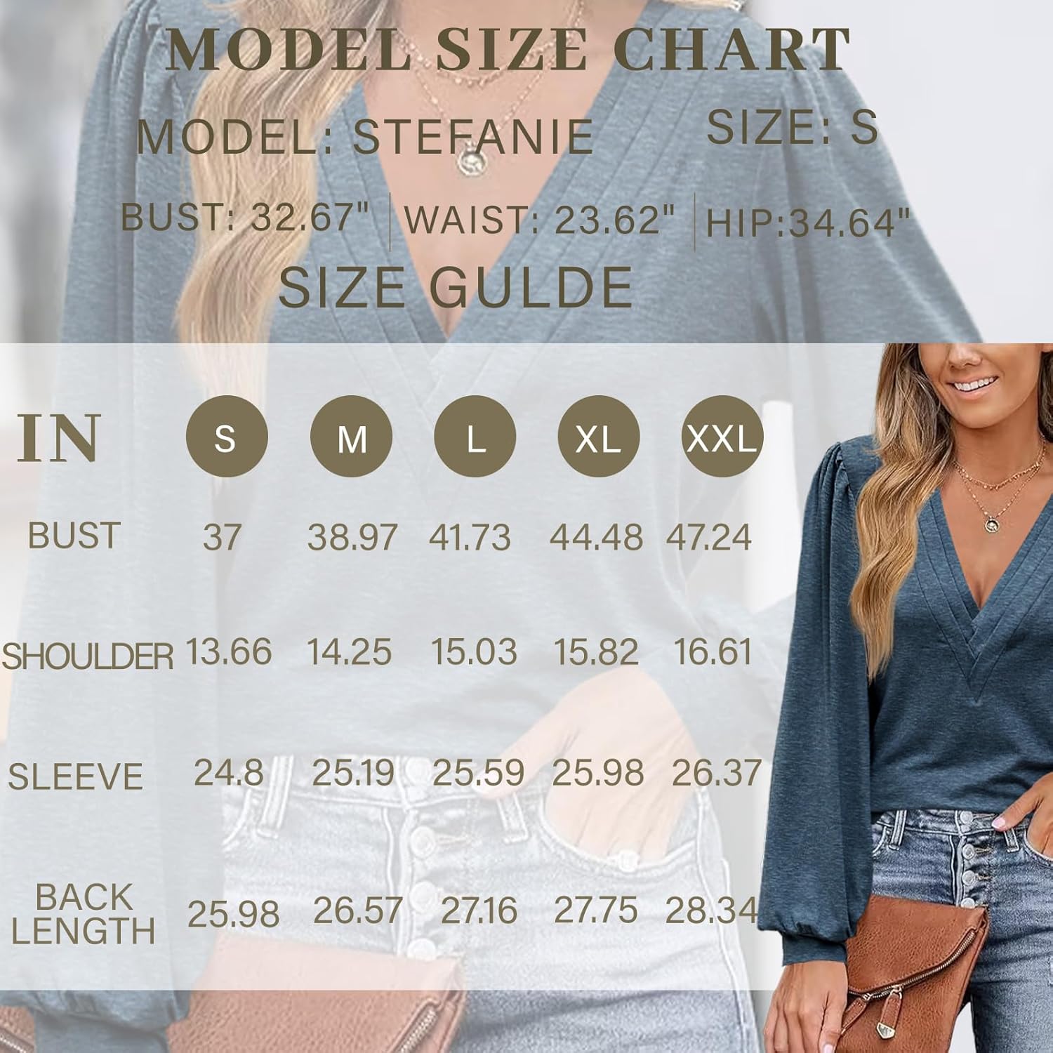 Women's Puff Long Sleeve Tops Deep V Neck Shirts Soft Loose Fit Elastic Blouses Dressy Casual Trendy Tunic - Image 6