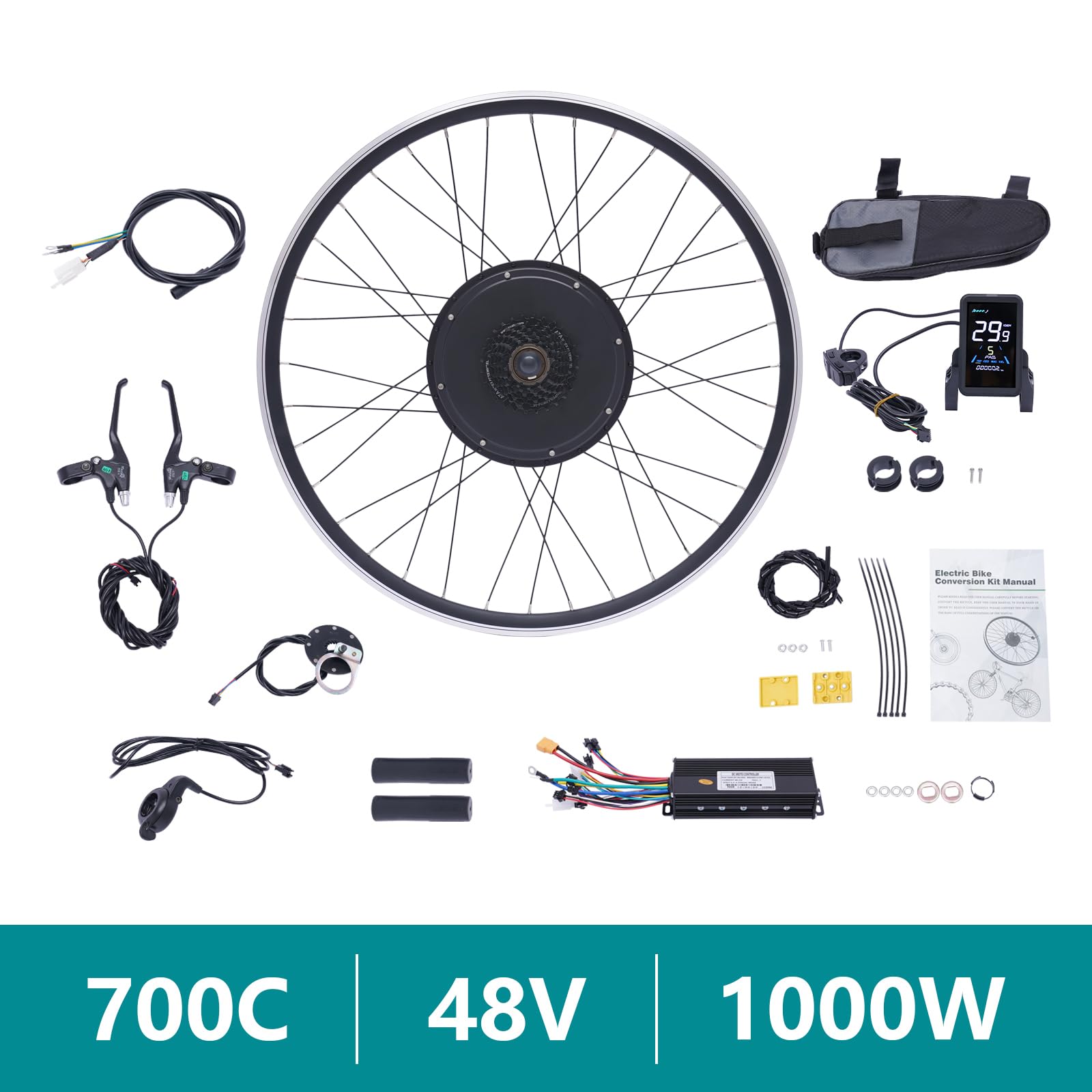 Zestaw doposażeniowy do roweru elektrycznego 1000 W – silnik tylnego koła 48 V z 5-biegową przerzutką, prędkość 45-55 km/h, uchwyt hamulcowy z przerwaniem zasilania do hamulców V-Brake i hamulców