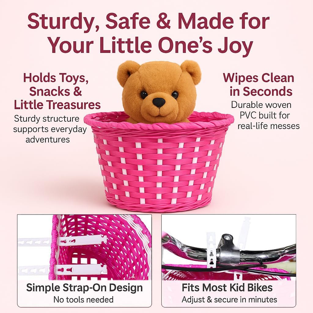ANZOME Girls Bike Basket Kit - Pink Woven Bicycle Front Basket with Flower Bell & Streamers, Kids Handlebar Accessories Set, Cute DIY Decor Gift for Toddler Bike & Scooter (Christmas/Birthday)