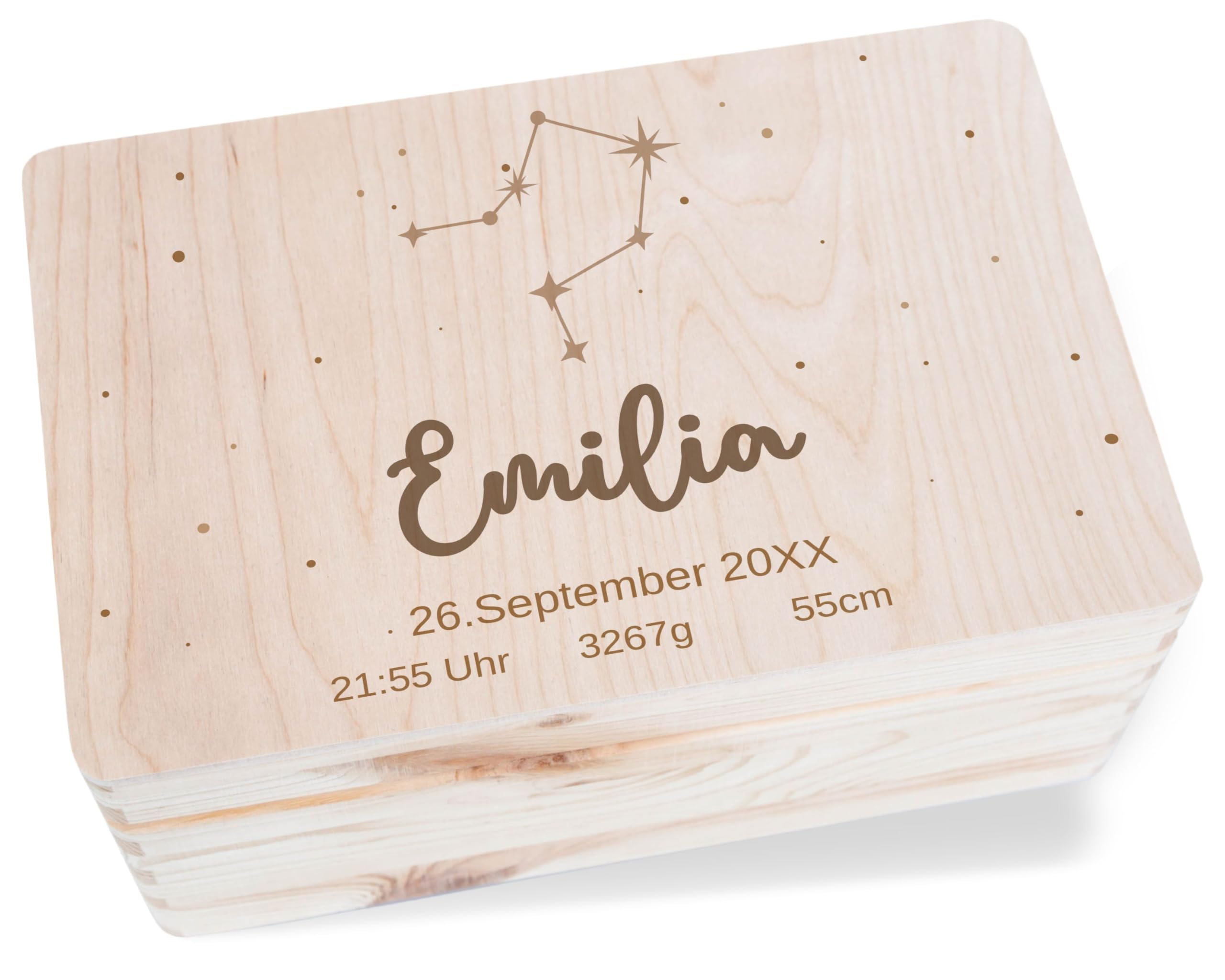 Holz Erinnerungsbox Geschenkbox Holzkiste - Zur Geburt - Sternzeichen mit Datum und Geburtsdaten - personalisiert Baby Geschenk Deko - 30 x 20 x 14 - Holz - babygeschenke erinnerungskiste