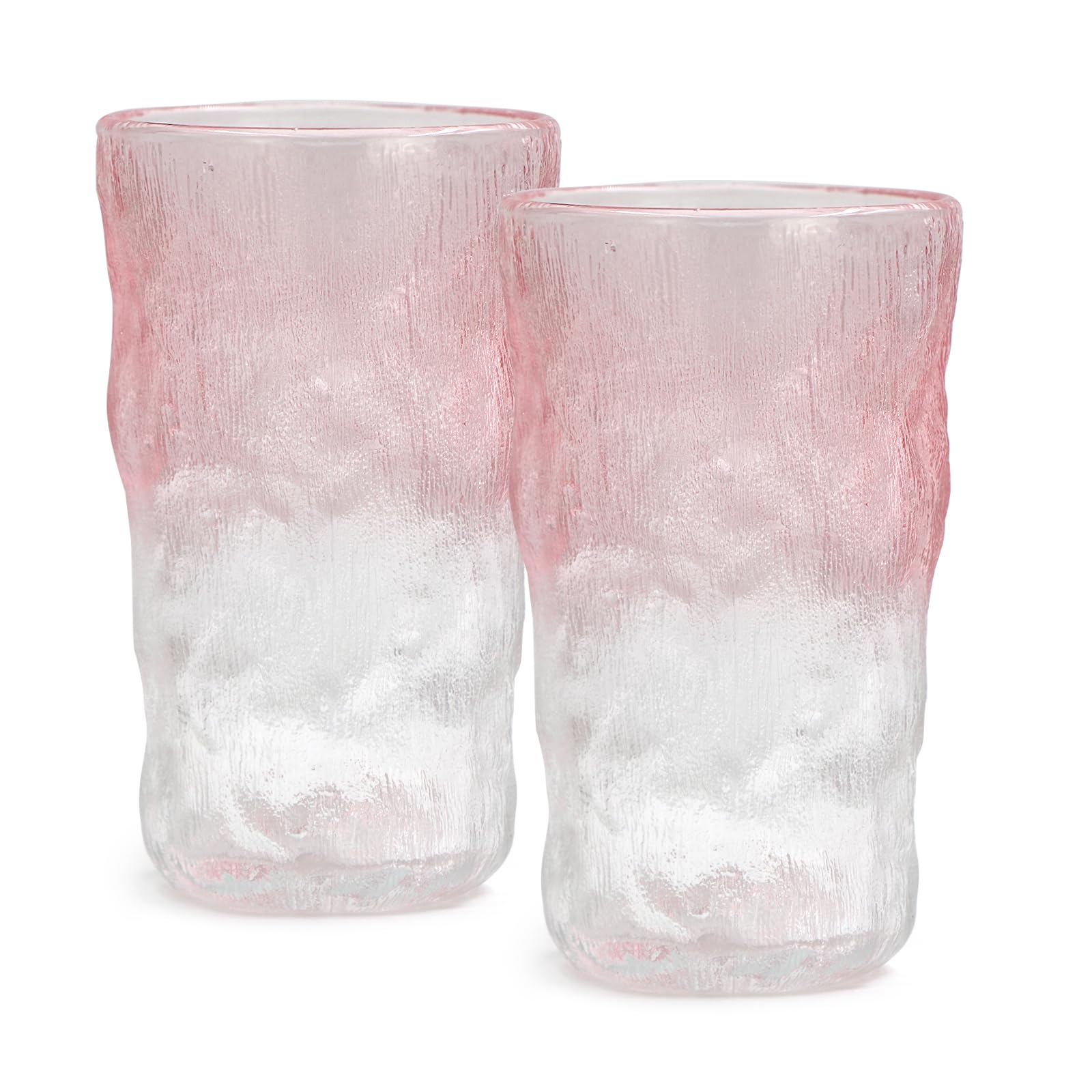 TOSSOW Drinking Glasses, Glassware Sets of 2, Mixed Drinking Glacier Pattern 12 oz Glass Cups Decoration for Wine, Beer, Juice,milk, coffee, Mojito and Cocktail(Pink)