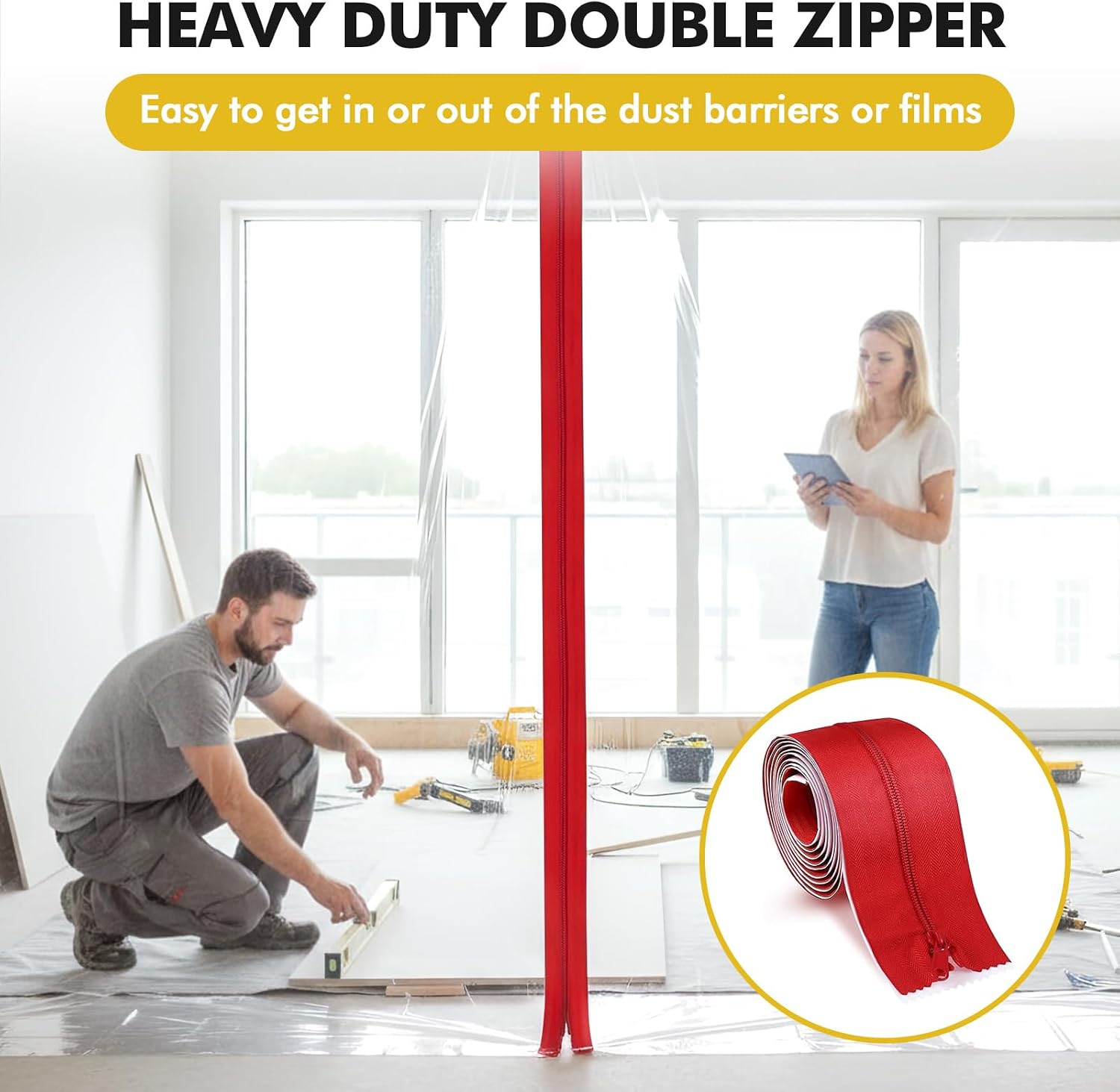 4PK Dust Barrier Poles,10FT Dust Barrier Poles Kit,Adjustable Dust Containment Pole with 2 Heavy-Duty Zippers Spring Retractable Wall Poles for Renovation & Construction Renovation-Yellow