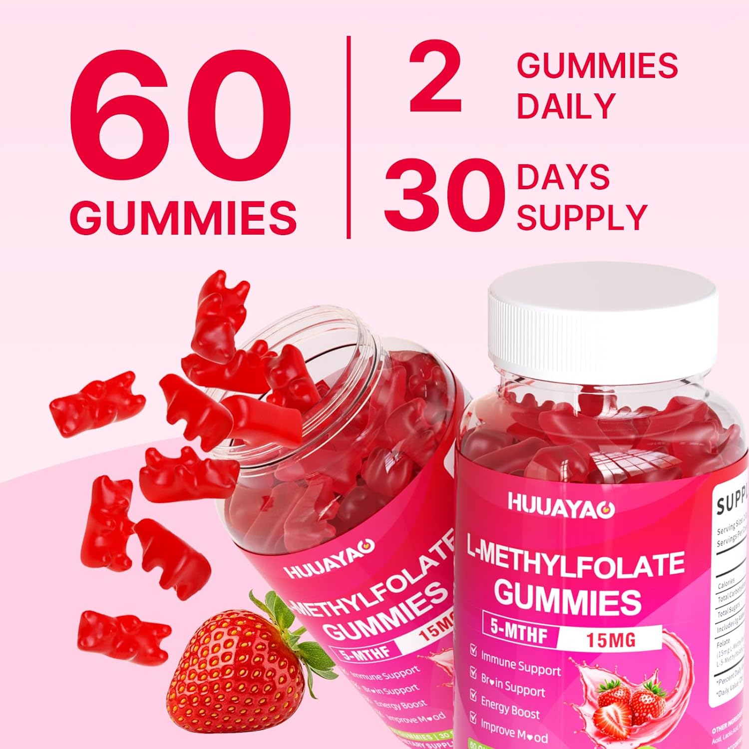 L-Methylfolate 15 mg Gummies, Methylfolate Supplement, Folate 5-MTHF Supplement for Support Mood, Brain Health, Immune System, Sugar Free, Strawberry Flavor, 60 Count - Image 7
