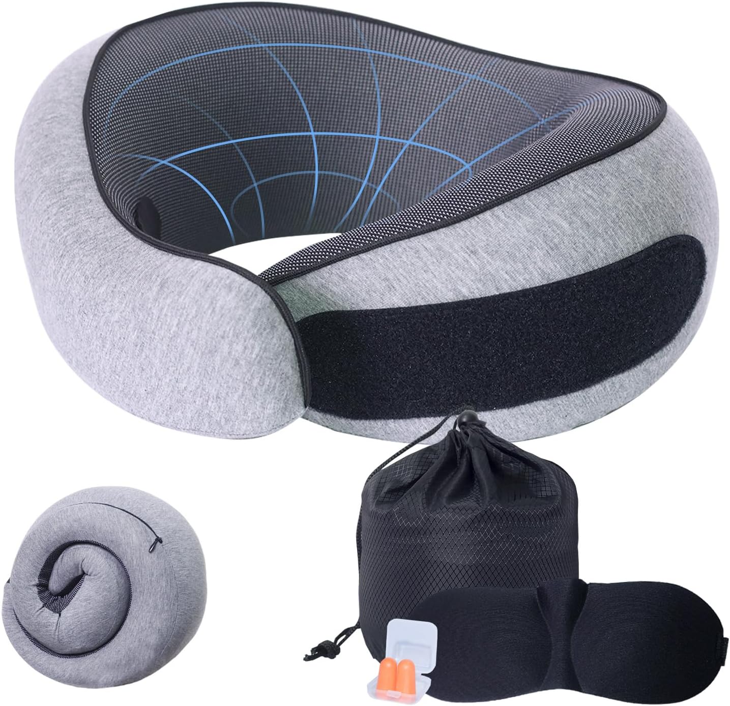 Travel Pillow Neck Pillow, High-Density Memory Foam Pillow with 360° Surround Support, Relief Neck Pain for Long Flights, Sleeping Rest, Train & Office Use, Grey 