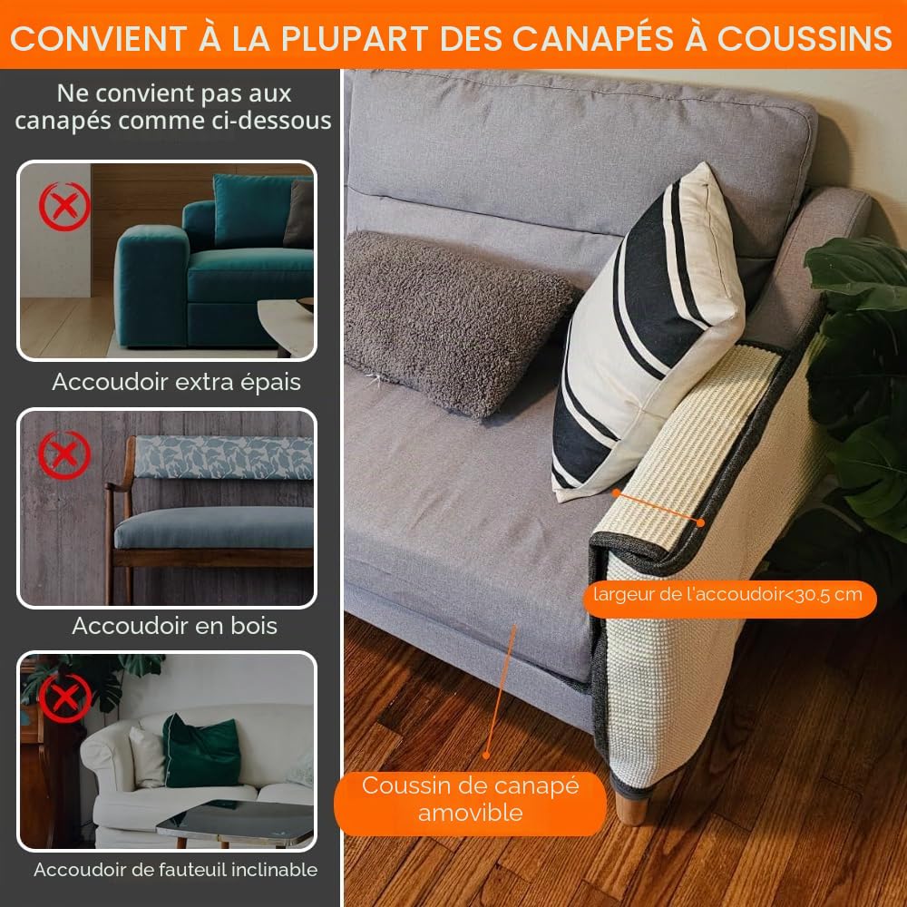 NATUYA Protecteurs de Meubles de Cats-Cat - Coussin dissuasif Contre Les griffures - Coussin de canapé Extensible et Anti-Rayures (Gris Foncé, Accoudoir en Sisal - Droite)