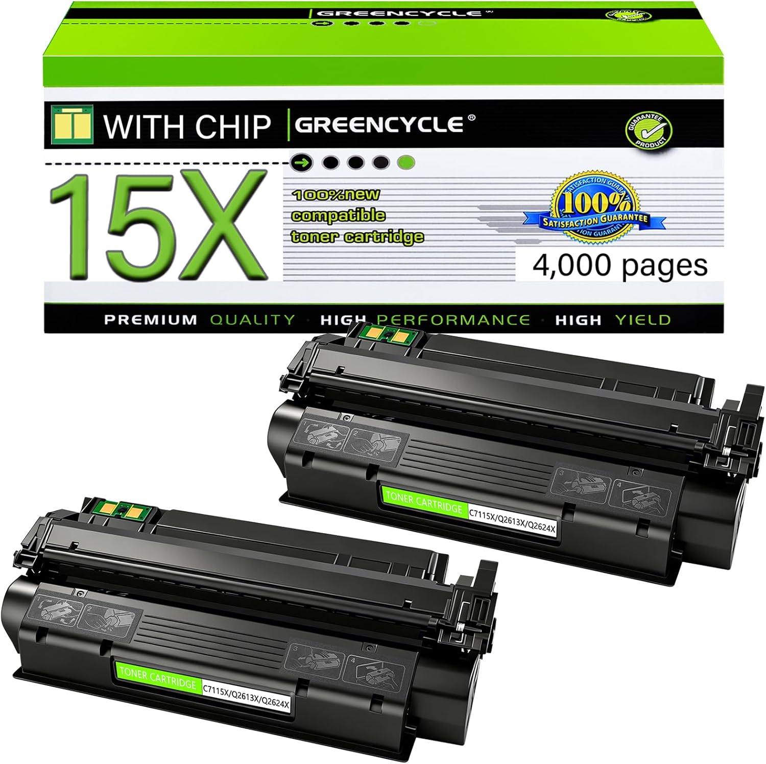 greencycle C7115X Q2613X 1200 Toner Cartridge High-Yield Replacement Compatible for HP 15X C7115X 13X Q2613X for HP LaserJet 1220 3300 3310 3320 3330 3380 1300 1300n 1300xi Series Printer (Black 2-PK)