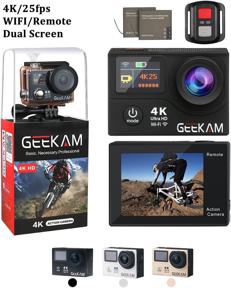 GeeKam Upgraded 4K Sport Action Camera Cam with Dual Screen Wifi and Remote 30M Waterproof Camcorder with 170° Wide Angle Two Batteries 20 Mounting Kits