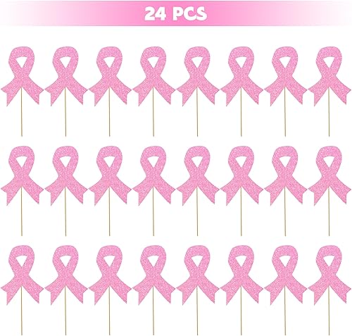 Miniatura 2 de 24 piezas de adornos para cupcakes para concientización sobre el cáncer de mama, cinta rosa con purpurina para lucha contra la esperanza creer y el