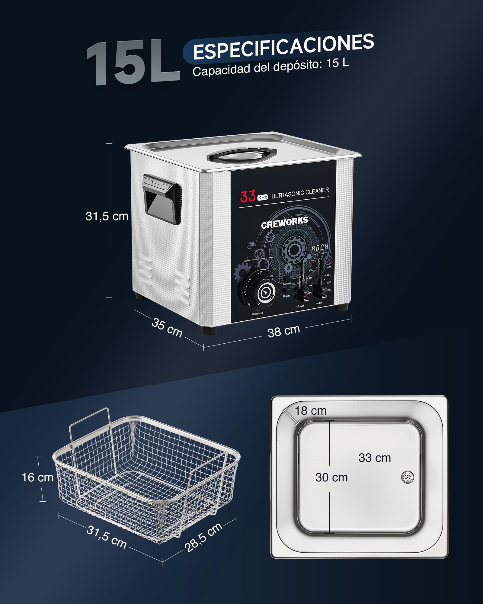 CREWORKS Limpiador Ultrasónico Industrial 15L, Limpiador Ultrasonidos 360W 33kHz,Temporizador y Temperatura Ajustables Potencia de Calentamiento de 450W