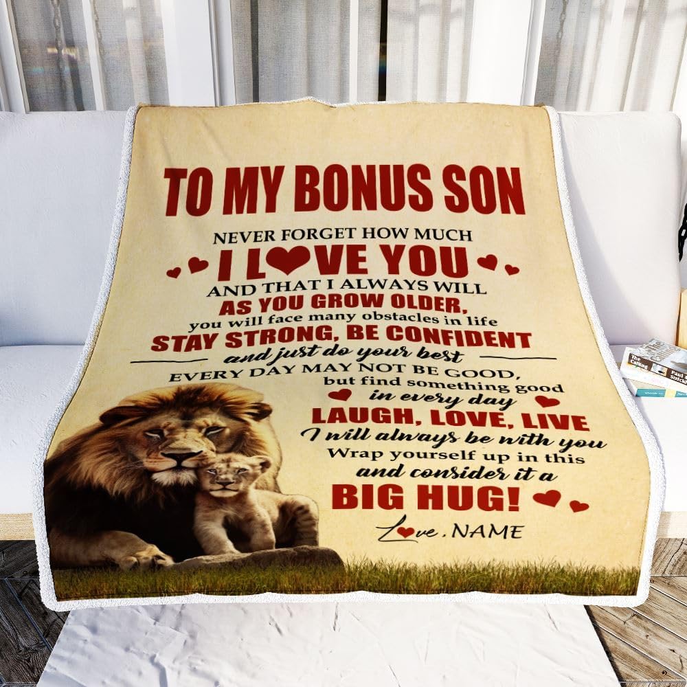Personalized to My Bonus Son Lion Blanket from Stepdad Never Forget How Much I Love You Stepson Birthday Graduation Christmas Customized Bed Fleece Blanket (30 x 40 in Baby Size)