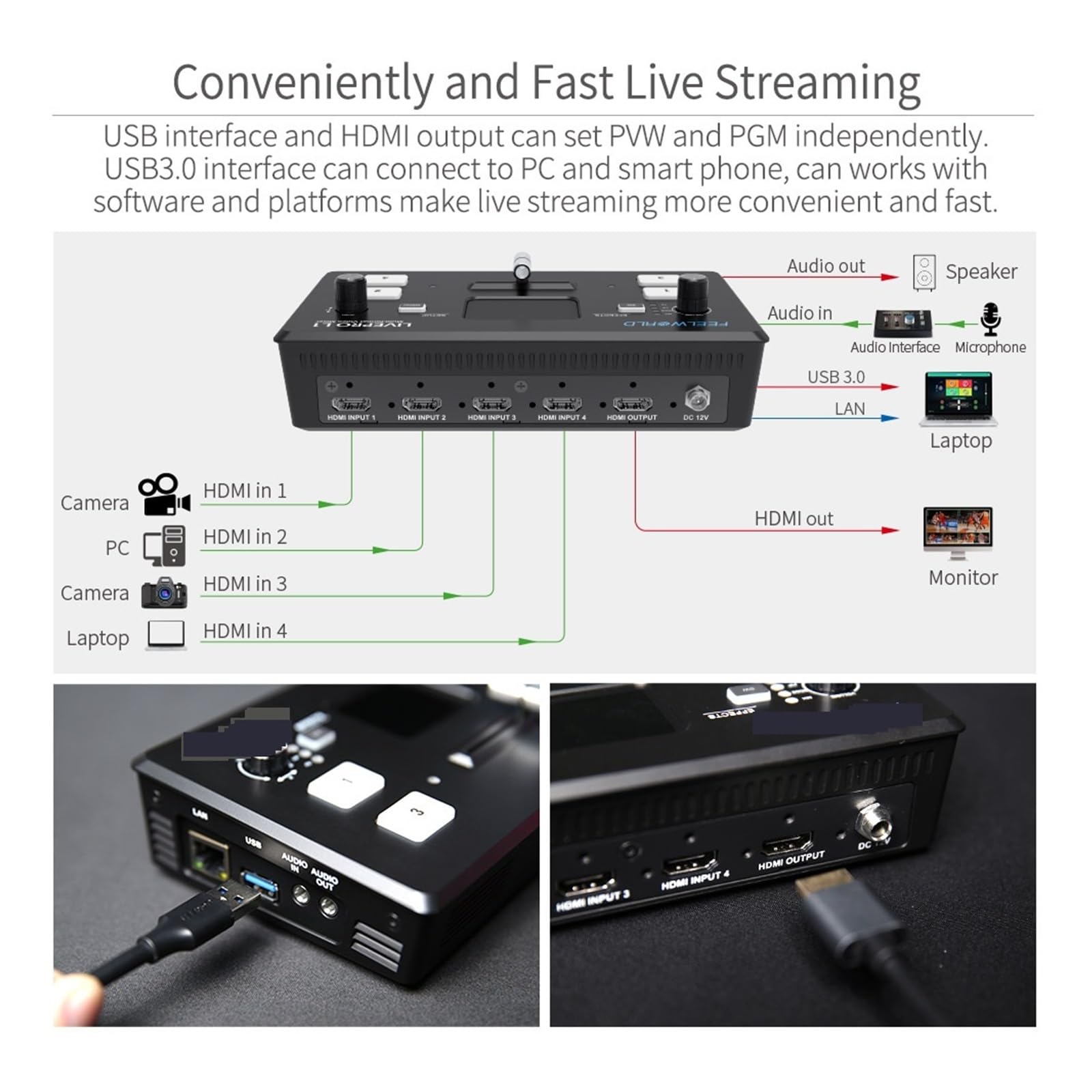 Przełącznik Wideo, L1 V1 Przełącznik wideo na żywo 4x Wejście USB3.0 Podgląd nagrywania studyjnego