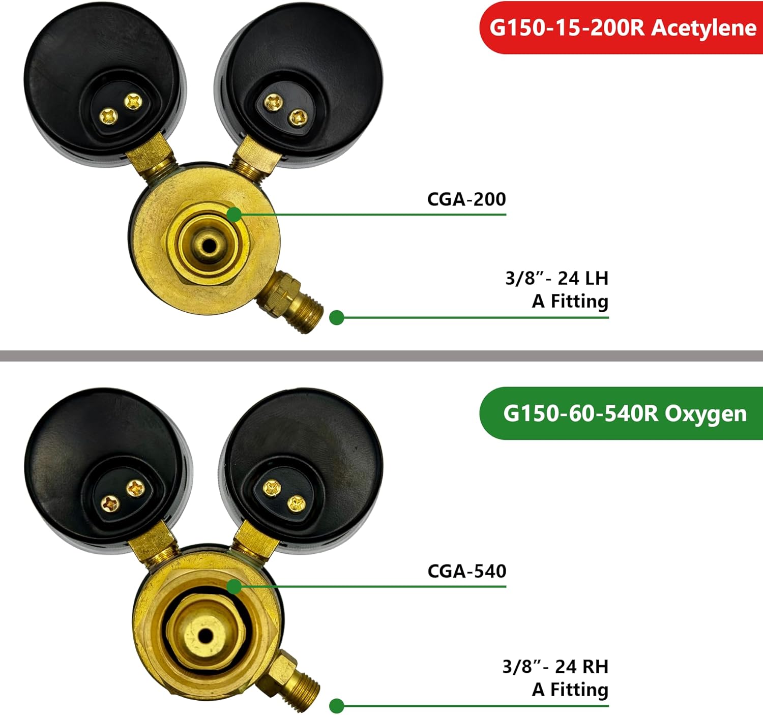 Regulator Set for Victor G150 Welding & Cutting Torches – Oxygen CGA-540 (0781-4241) & Acetylene CGA-200 (0781-4240) – A Size Hose Connections (3/8"-24)