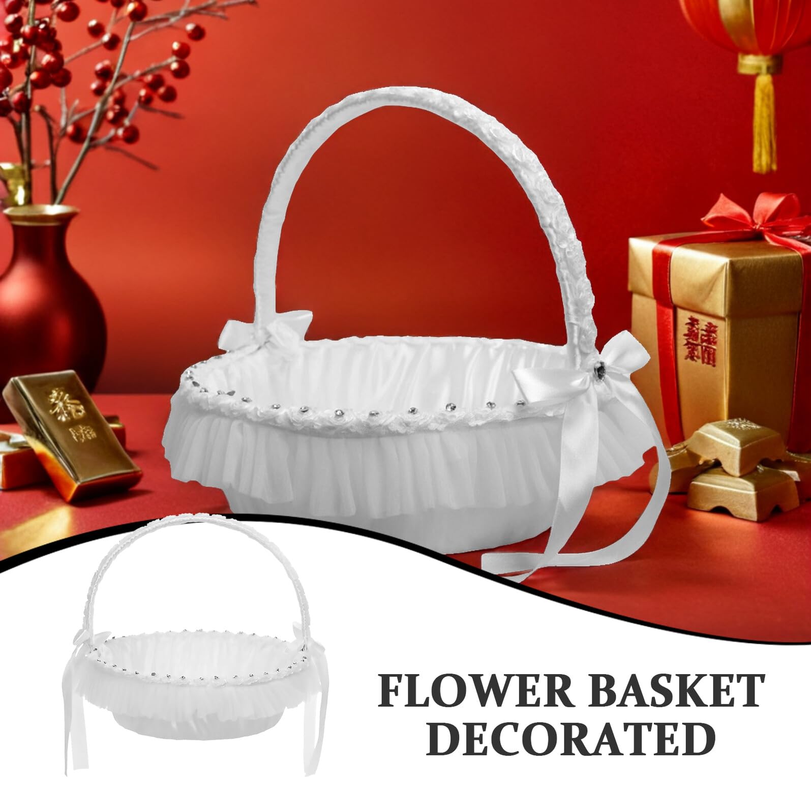 Hochzeitsblumenkorb aus Spitze mit Strass, Weiß, 1 Stück | Leicht und Handlich, Polyester Ausführung, für Kinder bei Bankett und Hochzeit