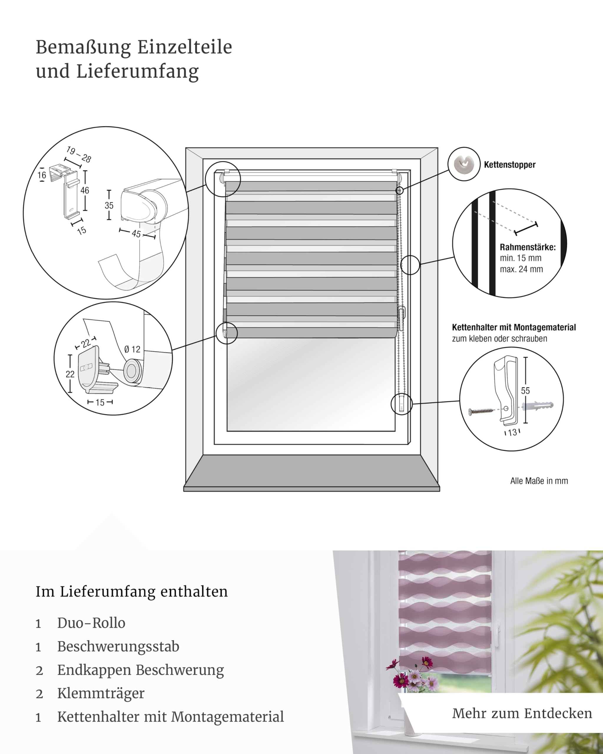 by Garesa Duo Rollo Swing - Doppelrollo Klemmfix ohne Bohren 90 x 150 cm, Weiß/Grau/Fuchsia - Fenster Sichtschutz und Lichtschutz, Bedienung mit Kettenzug