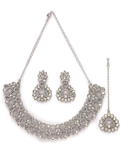 Sukkhi Exotic Rhodium Plated Silver Ad Stone Studded Choker Necklace Set For Women