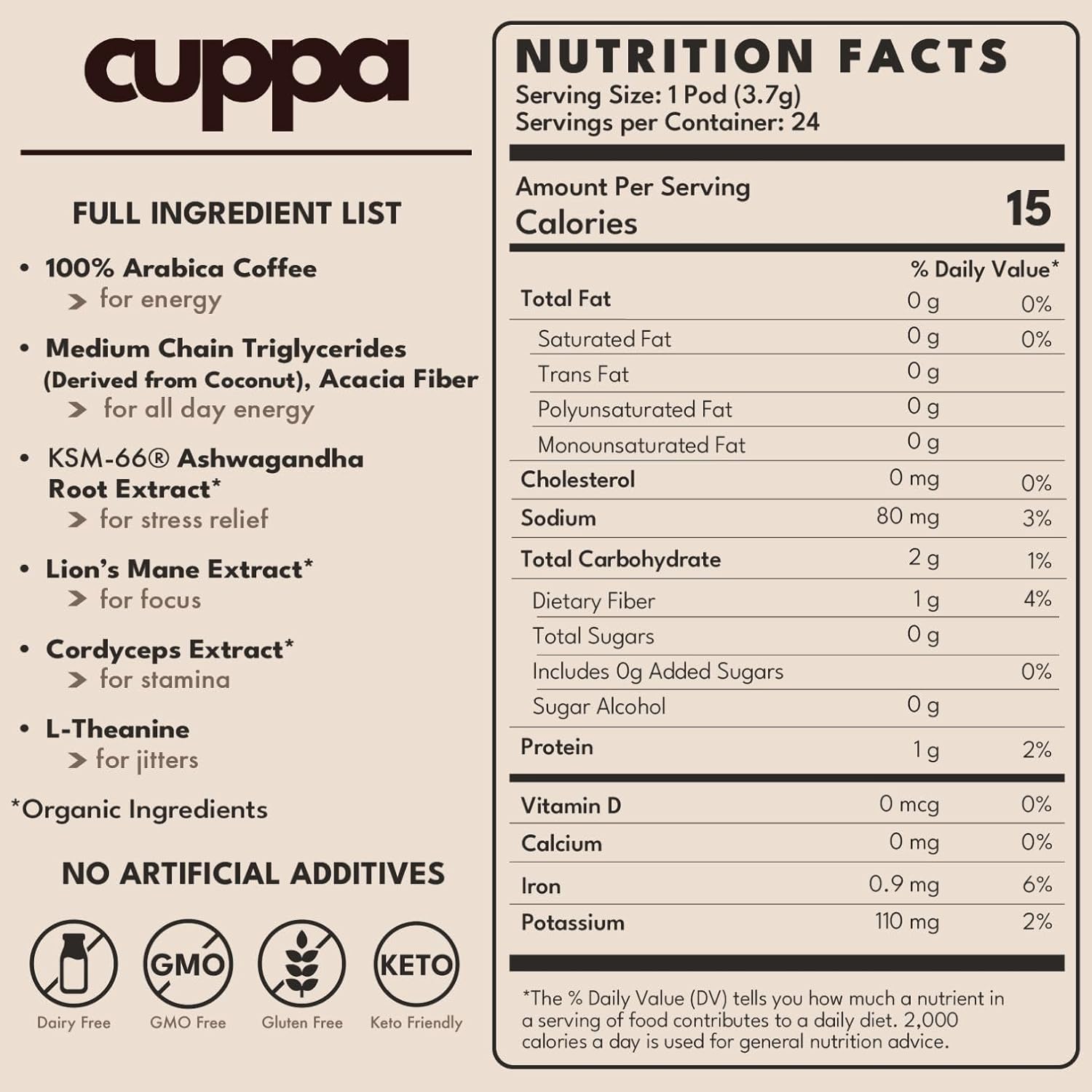 Cuppa Medium Roast Mushroom Coffee with Adaptogens & Superfoods - Lion’s Mane, Ashwagandha & Cordyceps. Adaptogens + MCT to support natural energy, mental focus & gut health (24 Servings) - Image 2