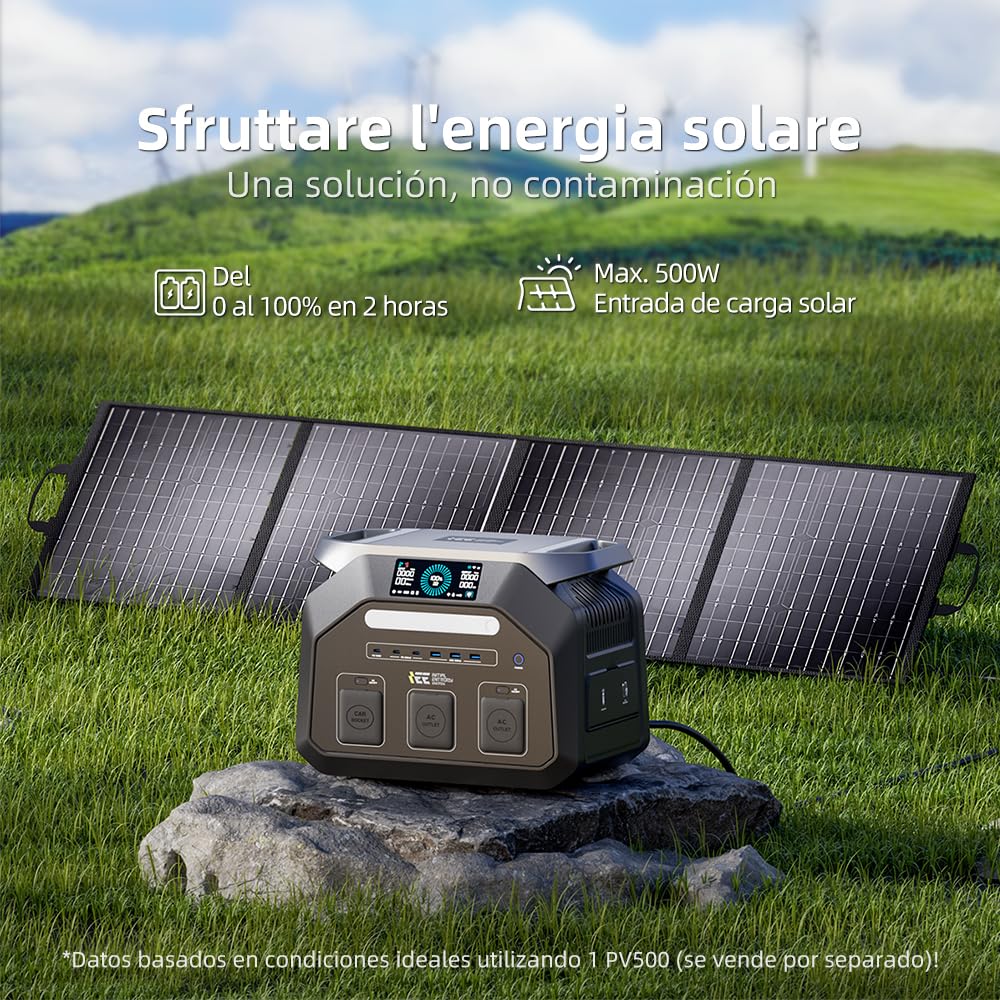 IEE P1800 Estación de Energía Portátil 1800W (Pico 3600W), Batería LiFePO4 de 1024Wh, Generador Solar con Panel Solar 1x200W para Camping, Carga Rápida, SAI (UPS), Power Station para Jardín y Hogar