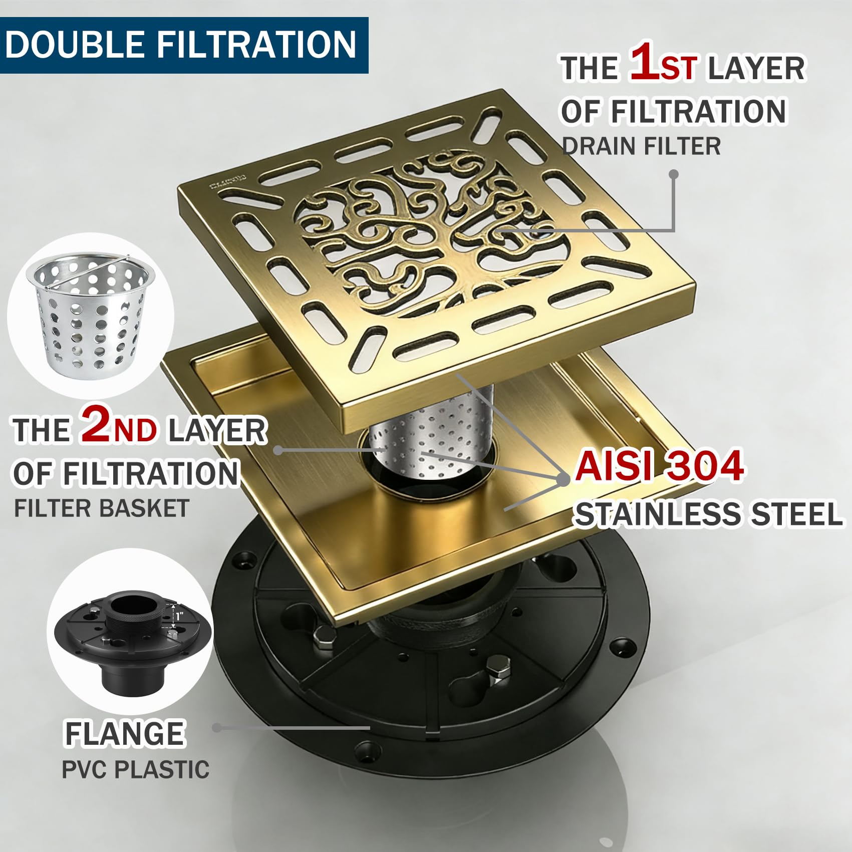 4 Inch Shower Drain, Square Shower Floor Drain Kit with Flange and Removable Cover Grate, AISI 304 Stainless Steel, Brushed Gold — view 2