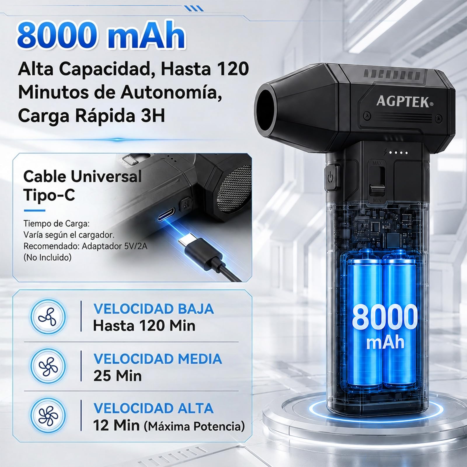 AGPTEK Soplador de Aire Inalámbrico 260000 RPM, Motor sin Escobillas | 3 Velocidades Ajustables, para Limpiar Teclado, PC, Coche y Hogar, 8000 mAh Recargable con LED, Portátil, Potente y Eficiente