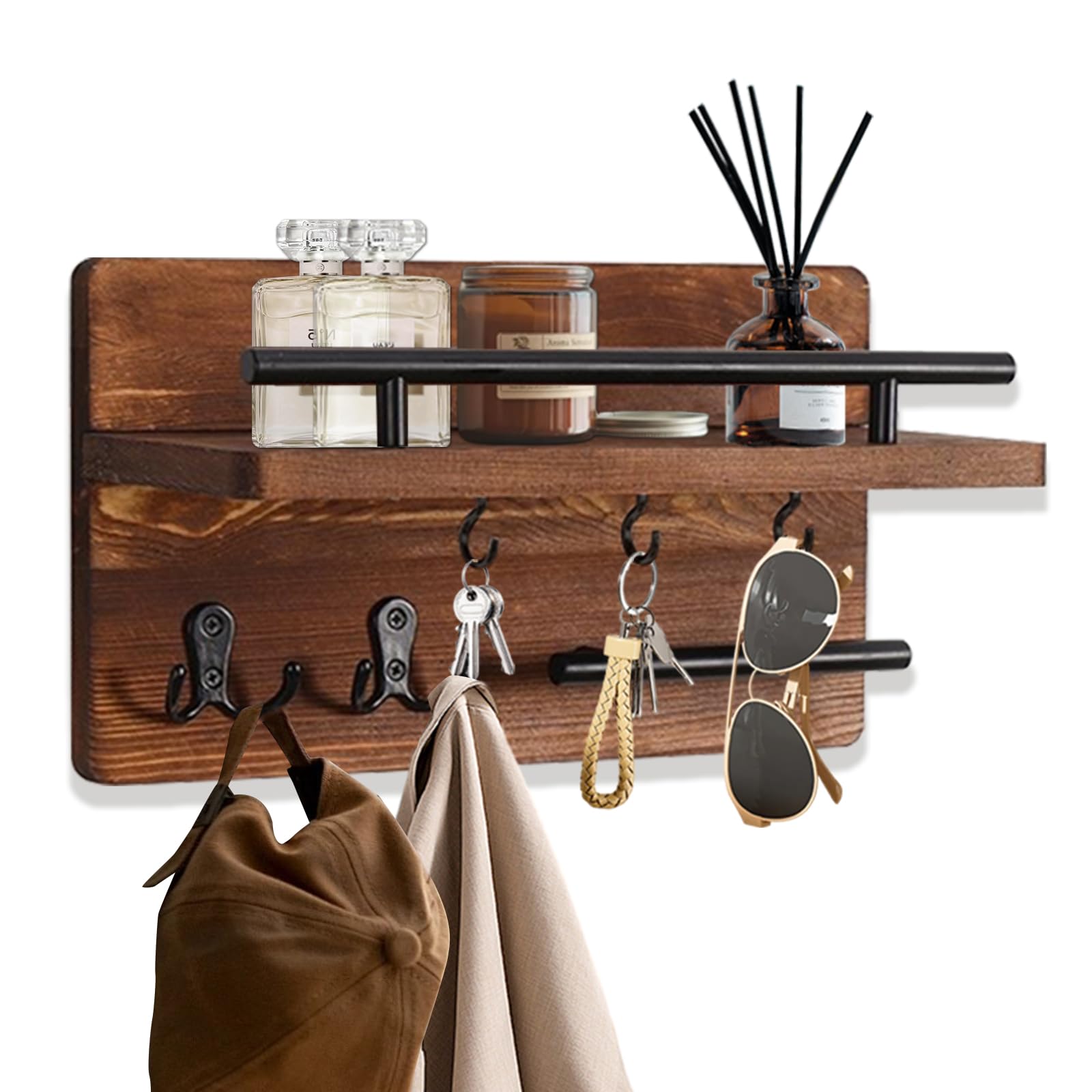BusonQueen Key and Mail Holder Wall Mount,Wooden Key Rack and Mail Organizer with 5 Key Hooks and Sunglass Storage for Entryway Office Home Decor
