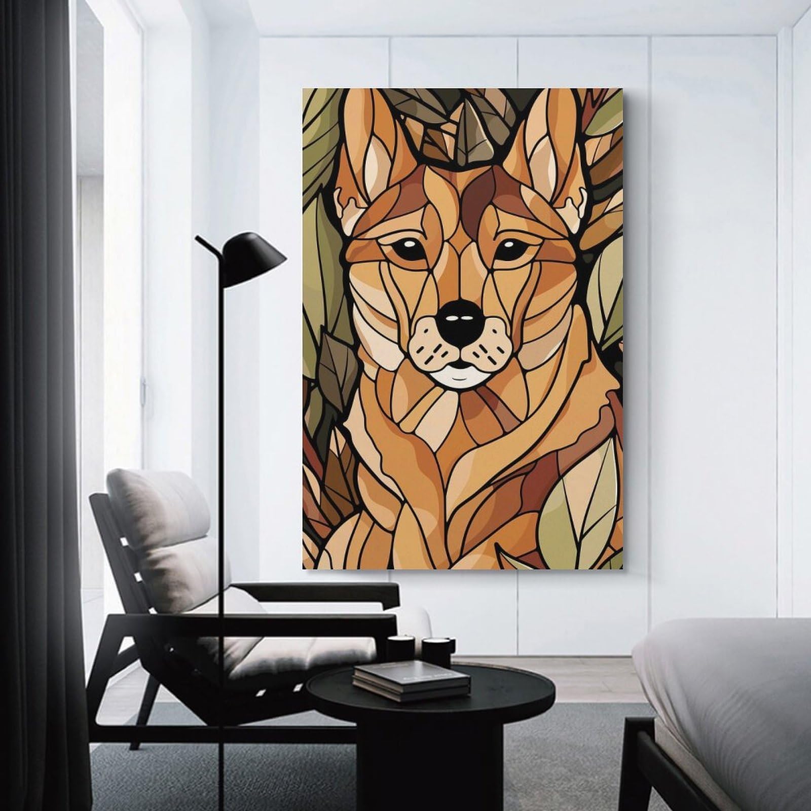 Junmoney Stylized Dog Portrait with Leaves Hanging Wall Art 20x30inch(50x75cm), for New Homes, Bedrooms Or Workspaces, Thoughtful Wall Decor for Art Lovers