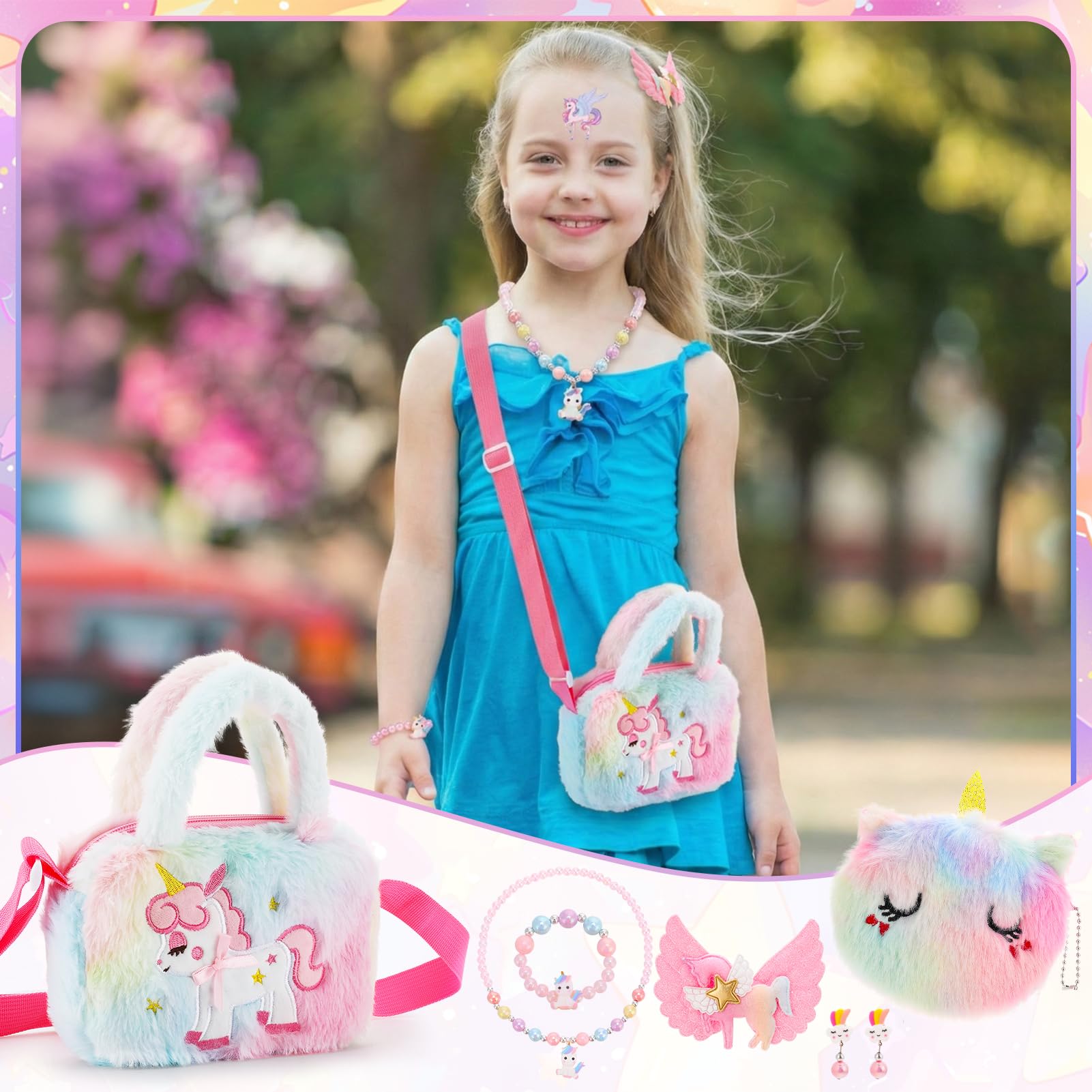 Lot de 23 cadeaux licorne pour filles de 3, 4, 5, 6, 7, 8 ans, ensemble de bijoux licorne avec sacs, bijoux pour enfants, épingles à cheveux, tatouages temporaires, sacs cadeaux