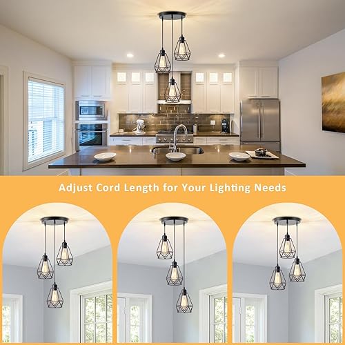 Miniatura 4 de YXTH Lámpara colgante de 3 luces, iluminación colgante industrial, lámpara colgante de isla de cocina de granja, lámpara colgante de jaula de metal