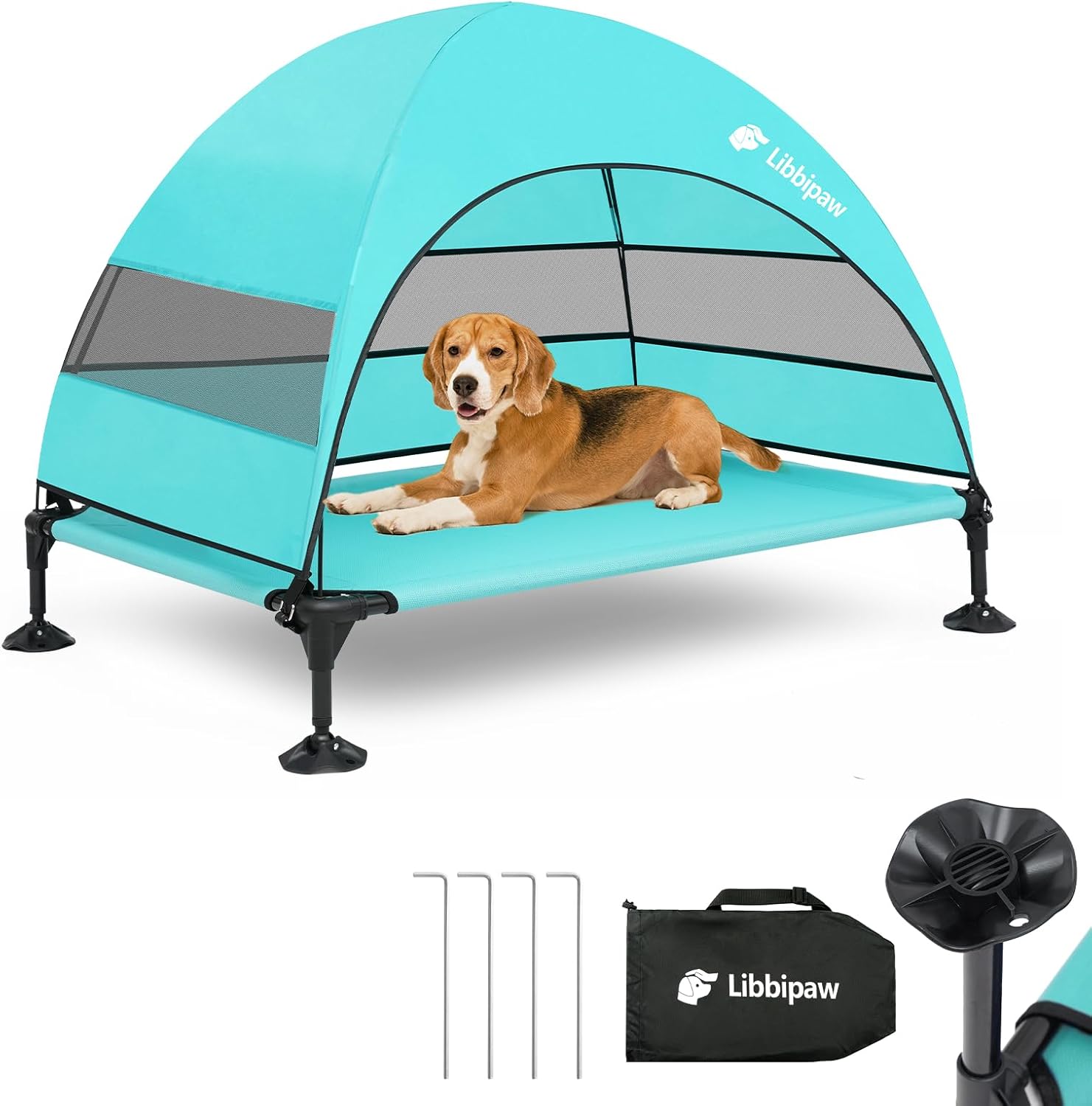 Windproof Elevated Dog Bed with Canopy & Stakes, 3-Sided 90% UV Block, Chew-Proof Teslin Mesh Mat for Large Dogs up to 150lbs(Blue Large)