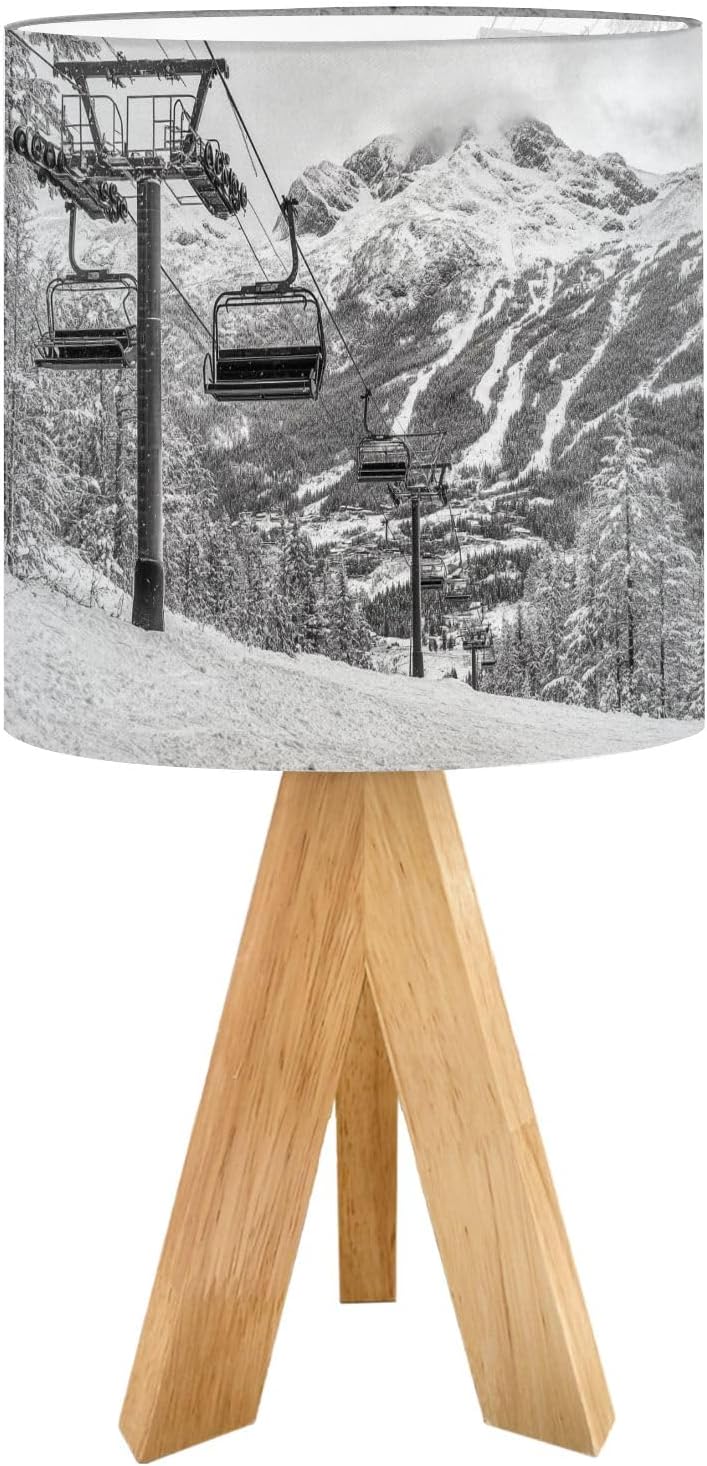 Tripod Bedside Desk Table Lamp Chair Lift Ski Resort Snowy Mountains Nice Sunny Day Lifts Pine Trees Wood Nightstand Lamp with Linen Fabric Shade for Nursery Bedroom Living Room Kids Room