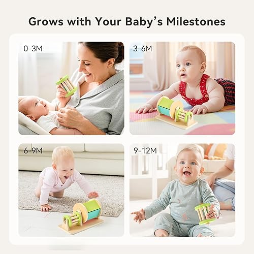 Miniatura 5 de Juguetes Montessori 2 en 1 para bebés, combo de tambor giratorio de madera y sonajero rodante para 3, 6, 12 meses, juguetes de desarrollo sensorial
