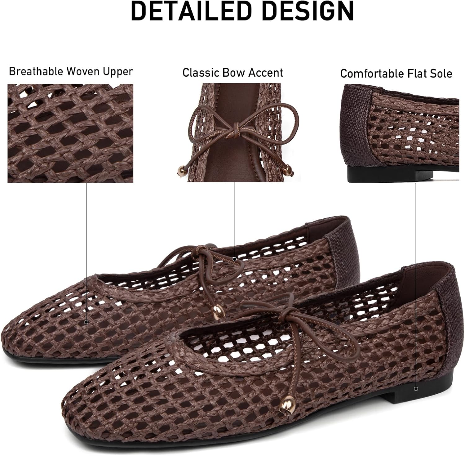 Women's Woven Ballet Flats Mesh Square Toe Mary Jane Flats Lace up Ballerina Slip on Casual Shoes